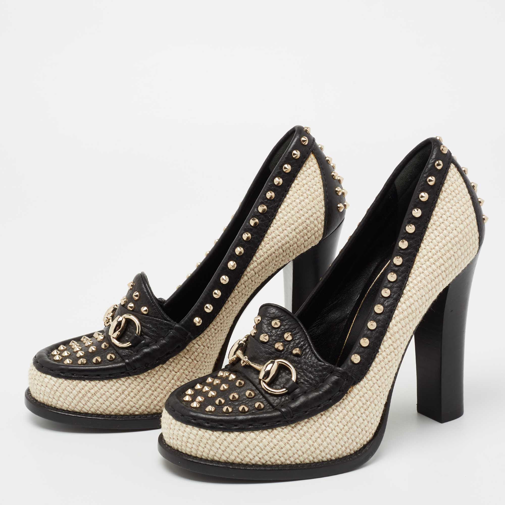 

Gucci Black/Cream Leather and Straw Studded Horsebit Alyssa Loafer Pumps Size
