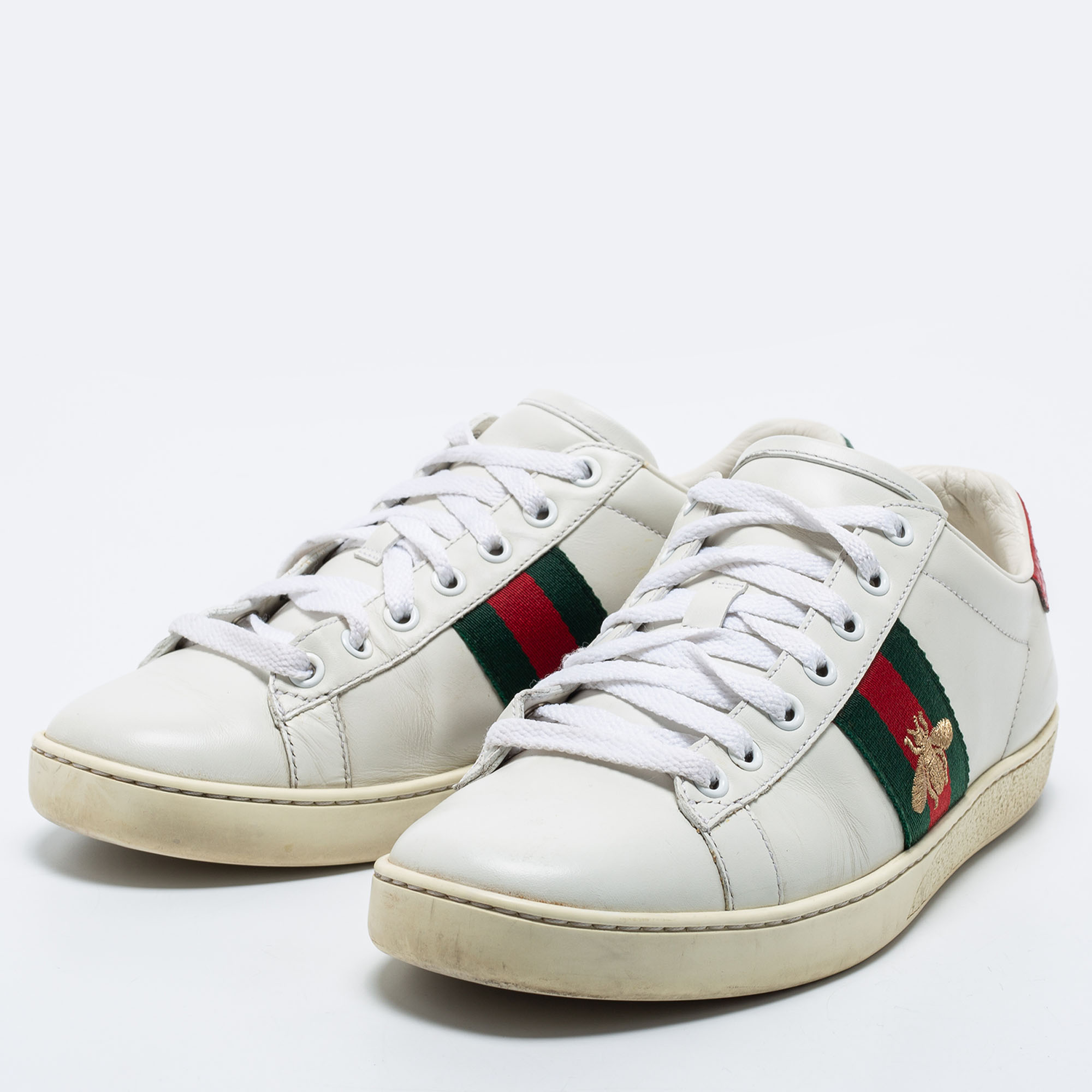

Gucci White Leather And Python Embossed Leather Bee Ace Sneakers Size