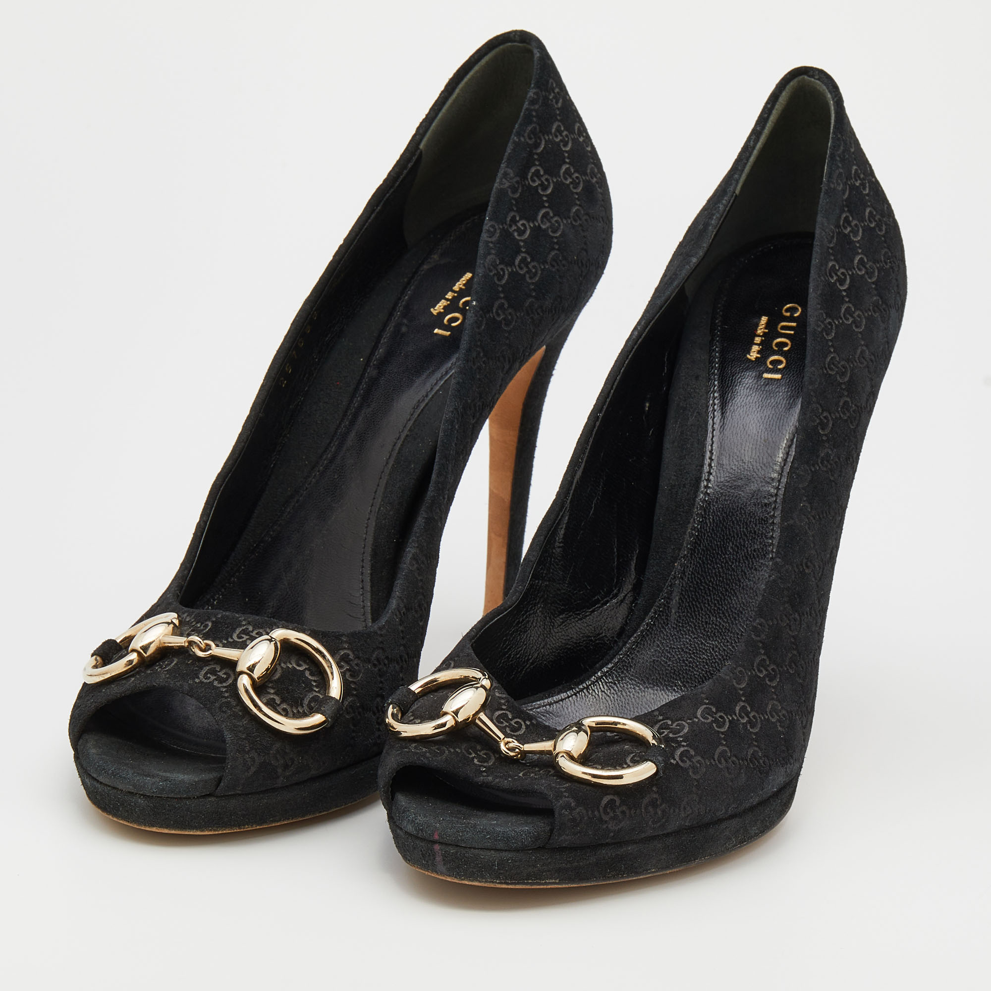 

Gucci Black Microguccissima Suede Horsebit Peep Toe Pumps Size