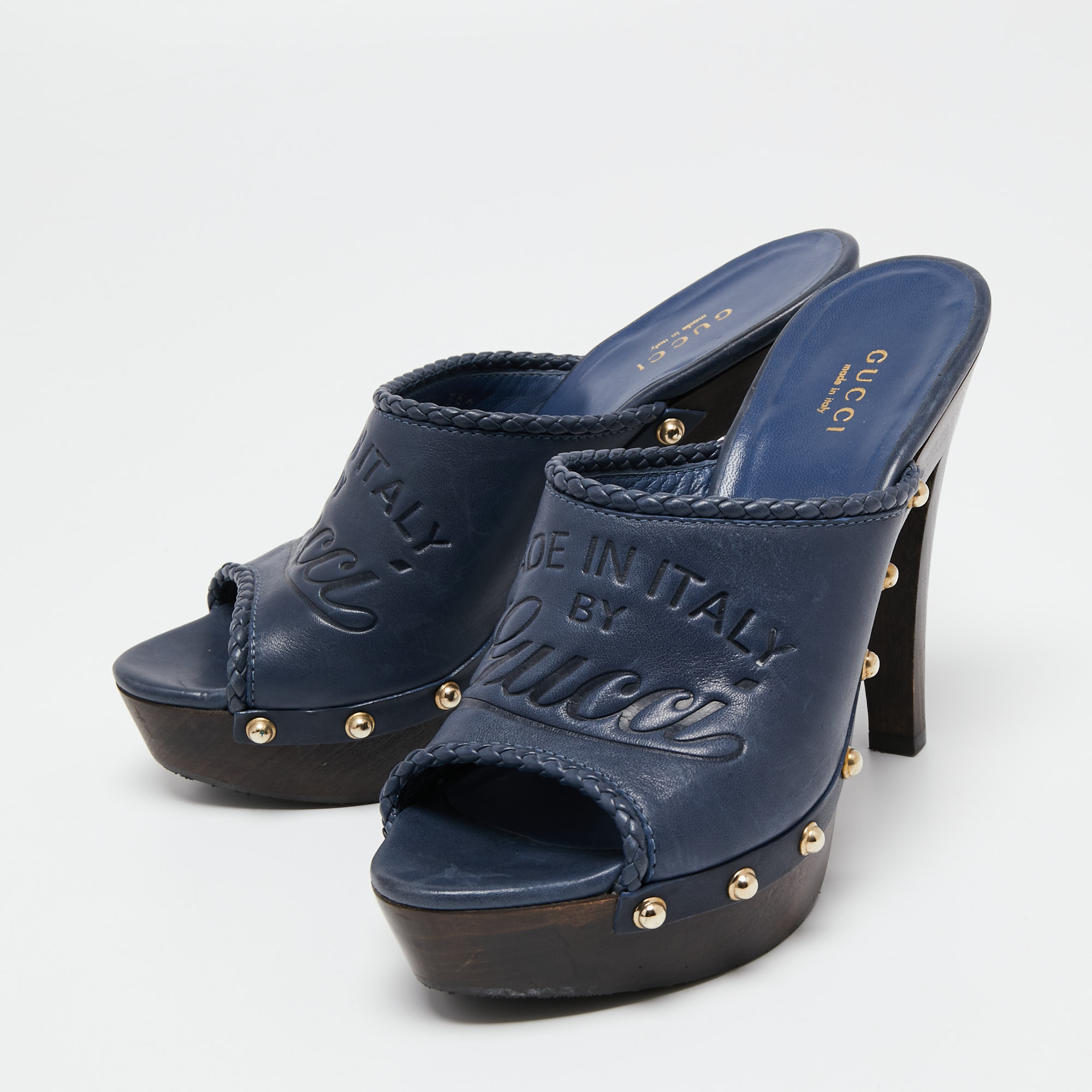 

Gucci Navy Blue Leather Logo Embossed Studded Craft Clogs Size