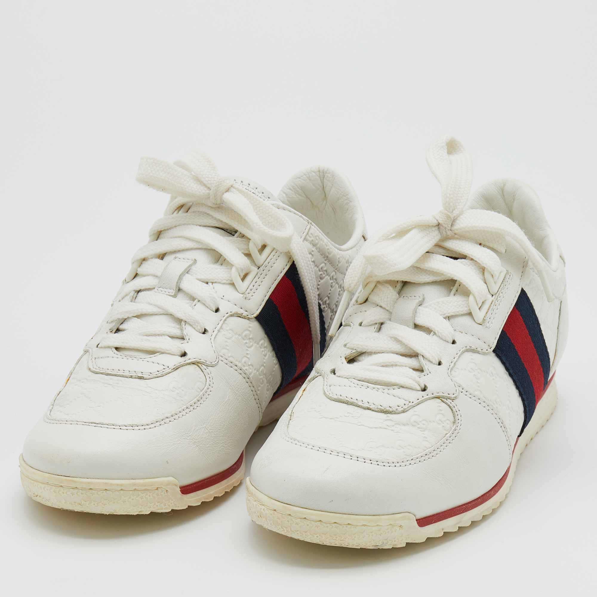 

Gucci White Micro Guccissima Leather Web Detail Low Top Sneakers Size