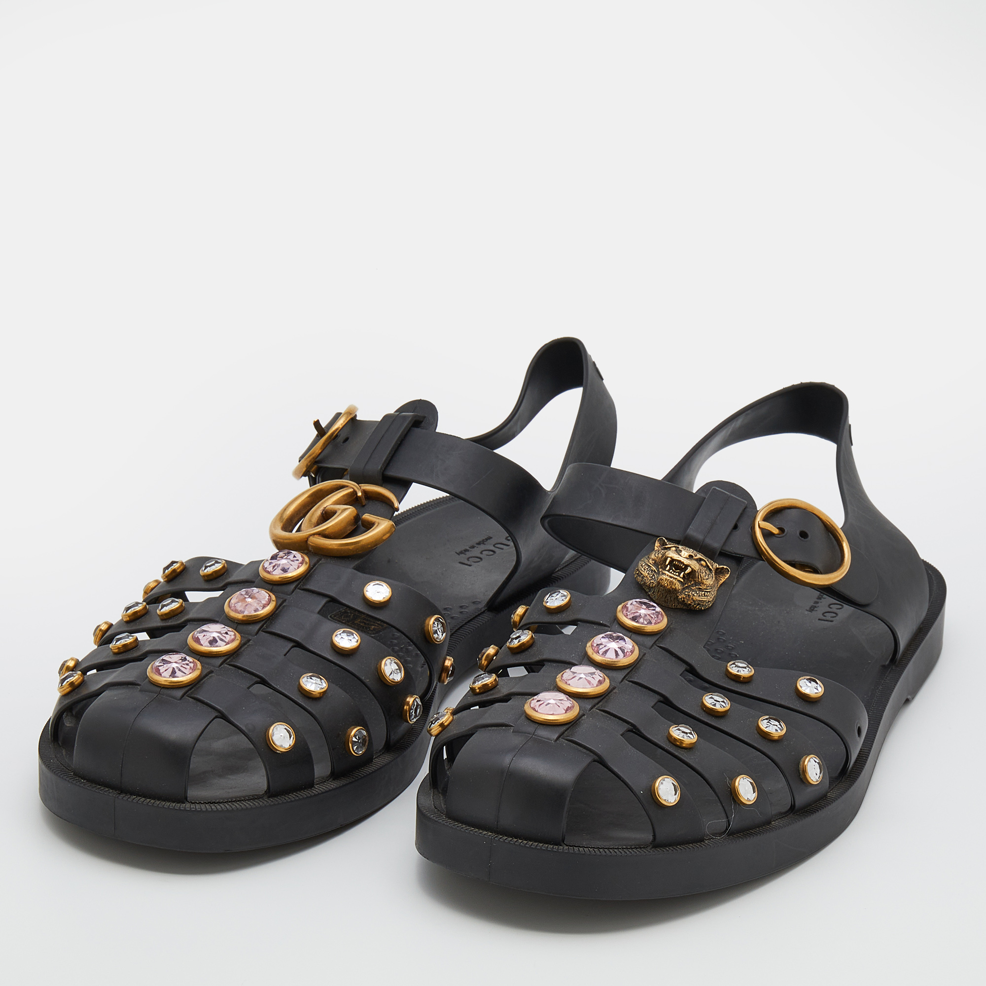 

Gucci Black Rubber Crystal Embellishments Caged T-Strap Flat Sandals Size
