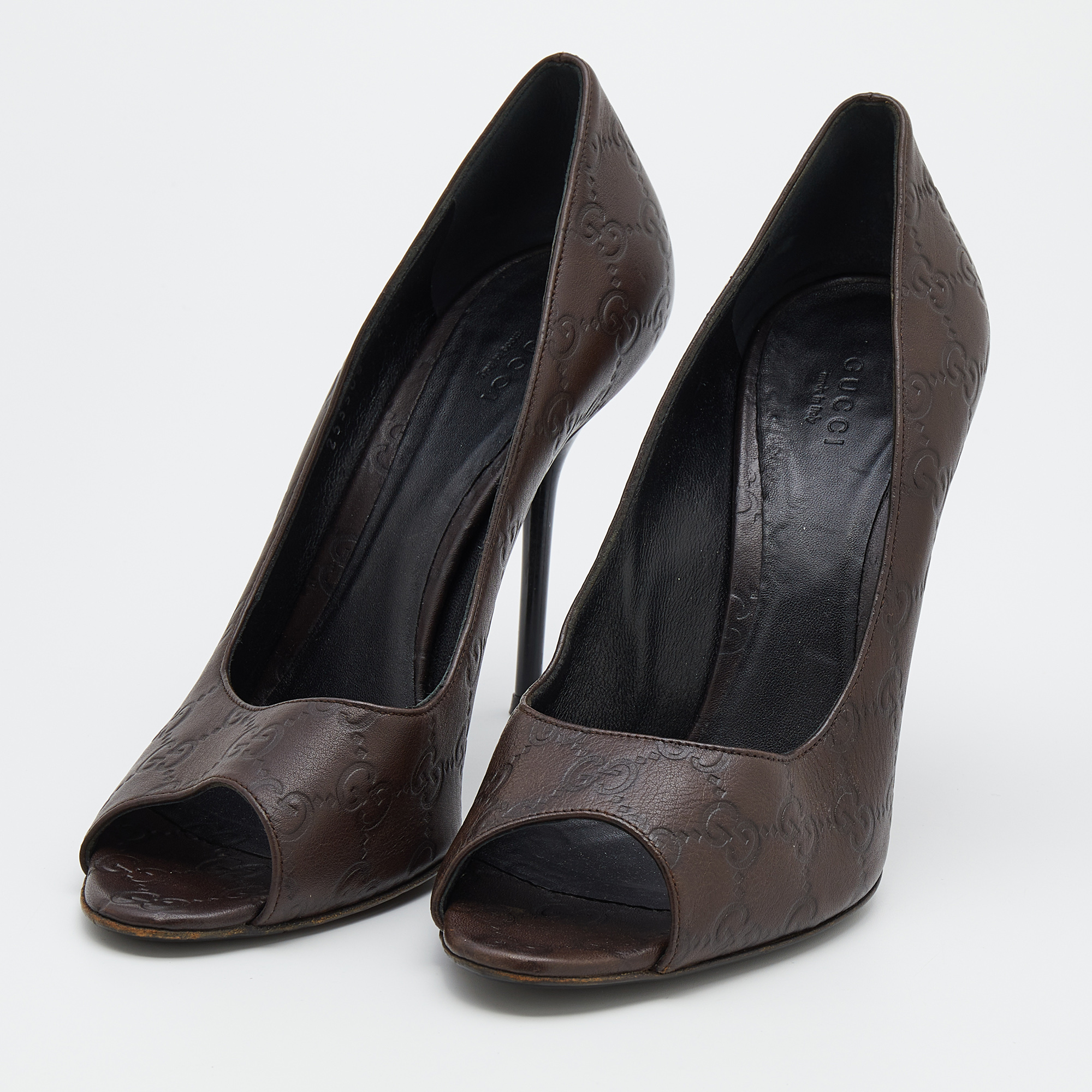 

Gucci Dark Brown Guccissima Leather Open Toe Pumps Size