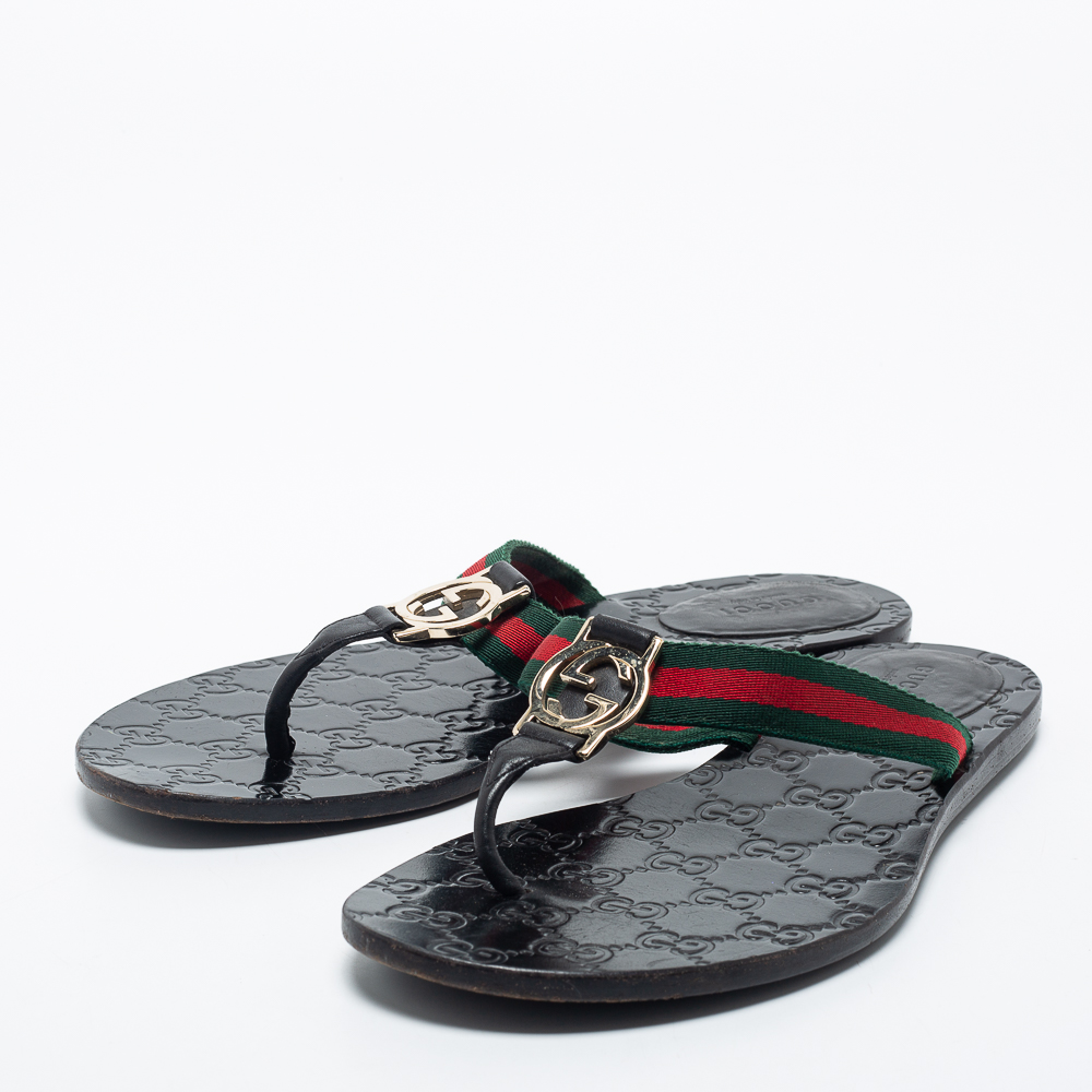 

Gucci Tri Color Leather and Web Interlocking G Thong Flats Size, Black
