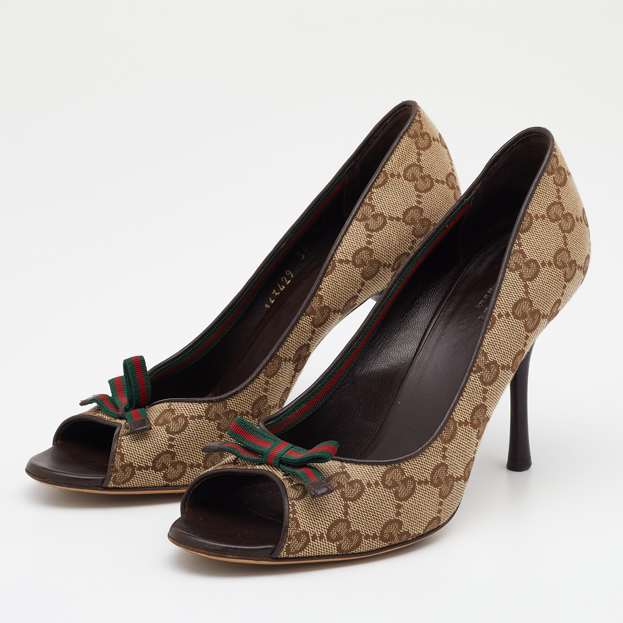 

Gucci Beige/Brown GG Canvas And Leather Web Bow Peep Toe Pumps Size