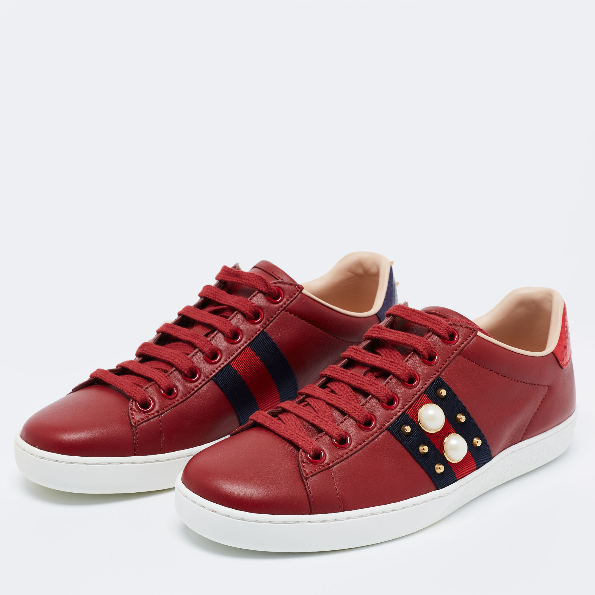 

Gucci Red Leather Web And Pearl New Ace Low-Top Sneakers Size