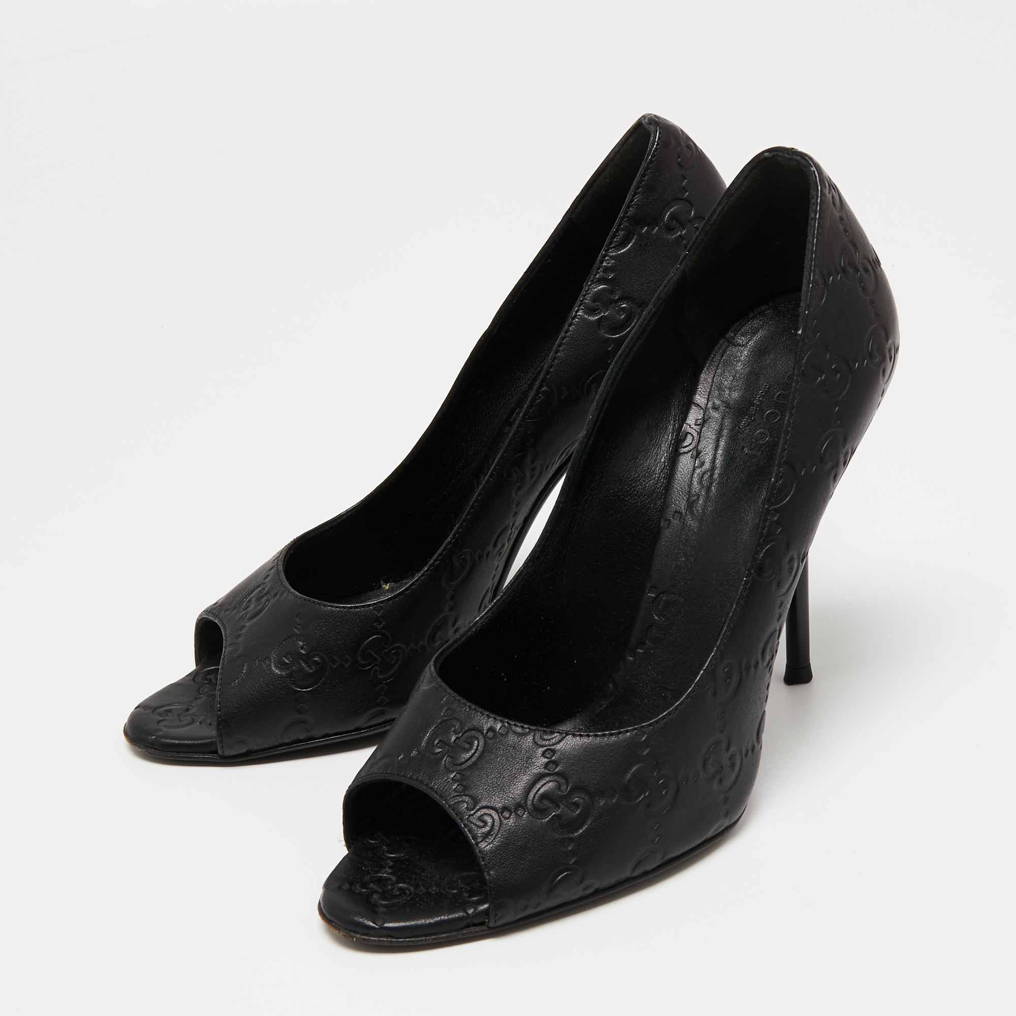 

Gucci Black Guccissima Leather GG Open Toe Pumps Size 37