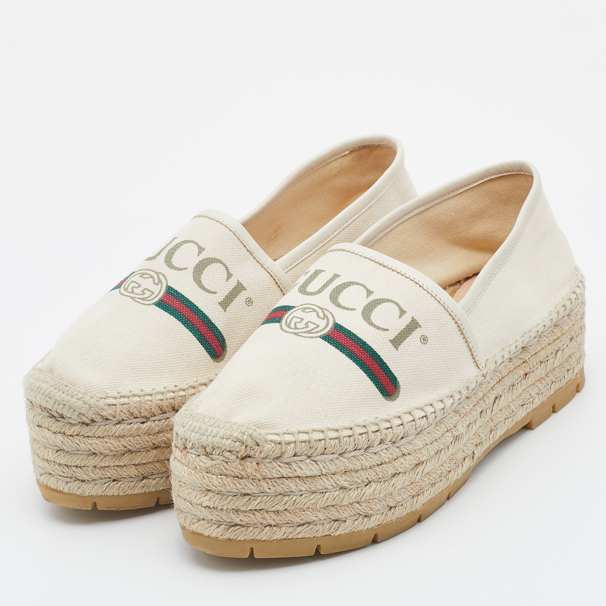 

Gucci Off White Canvas Logo Platform Espadrille Flats Size