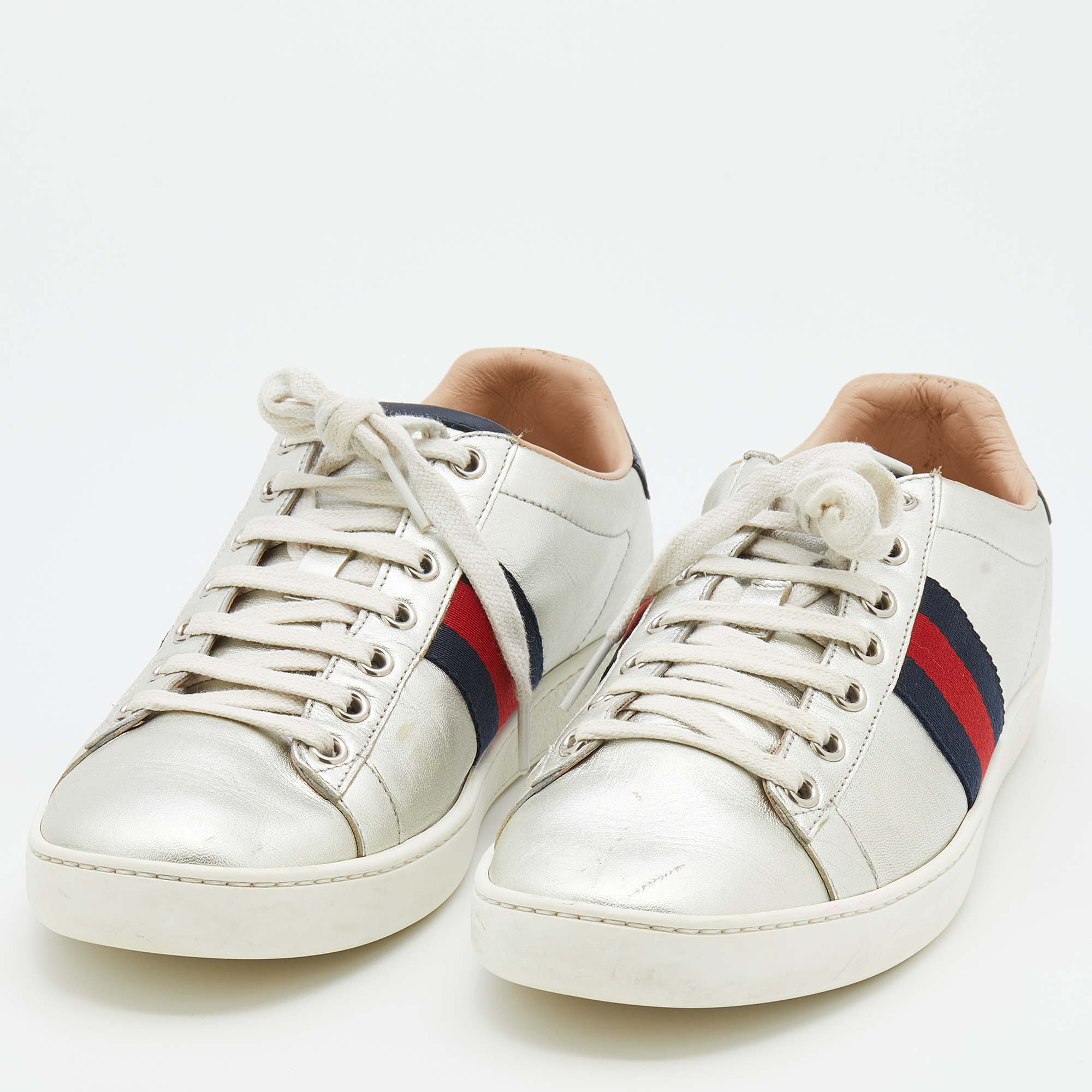 

Gucci Silver Leather Ace Web Low Top Sneakers Size