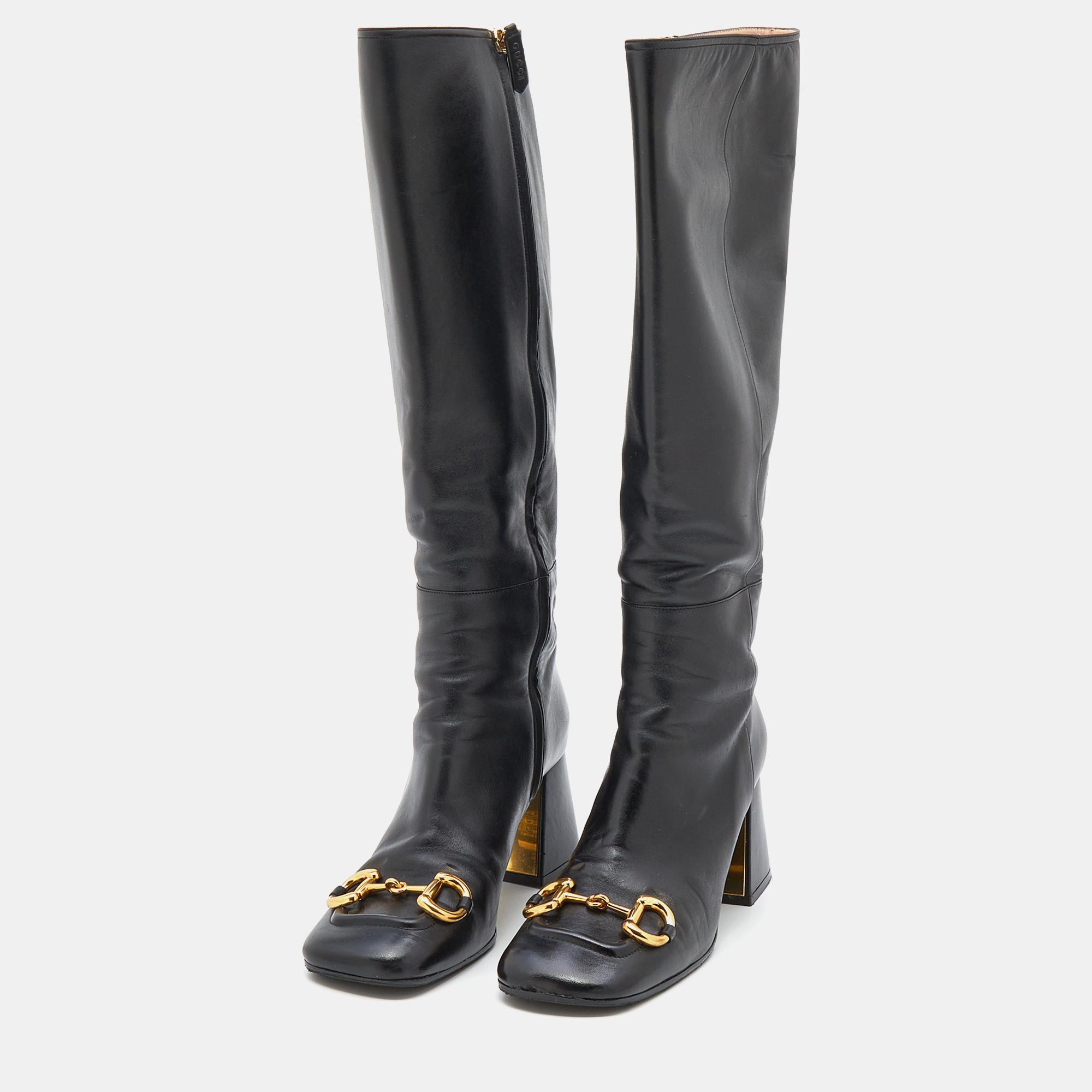 

Gucci Black Leather Horsebit Block Heel Knee Length Boots Size
