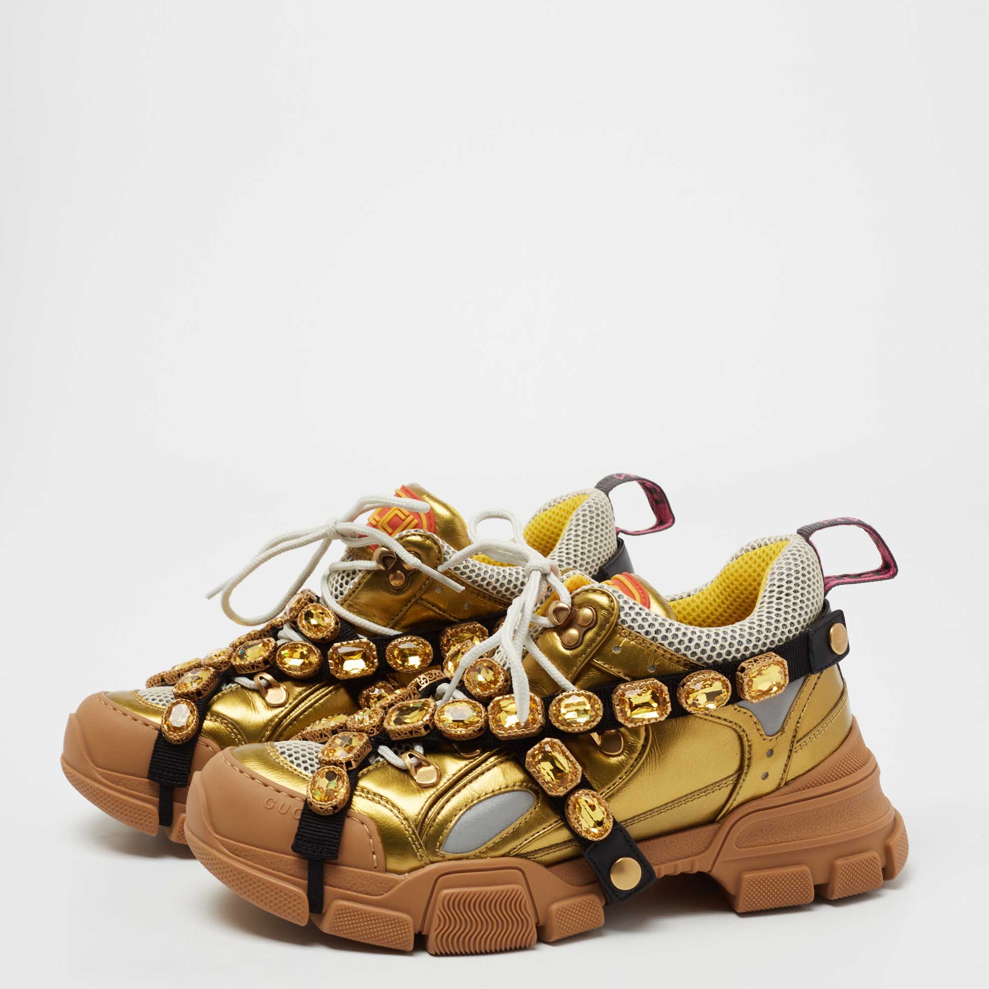 

Gucci Gold/White Leather And Mesh Flashtrek Chunky Sneakers Size