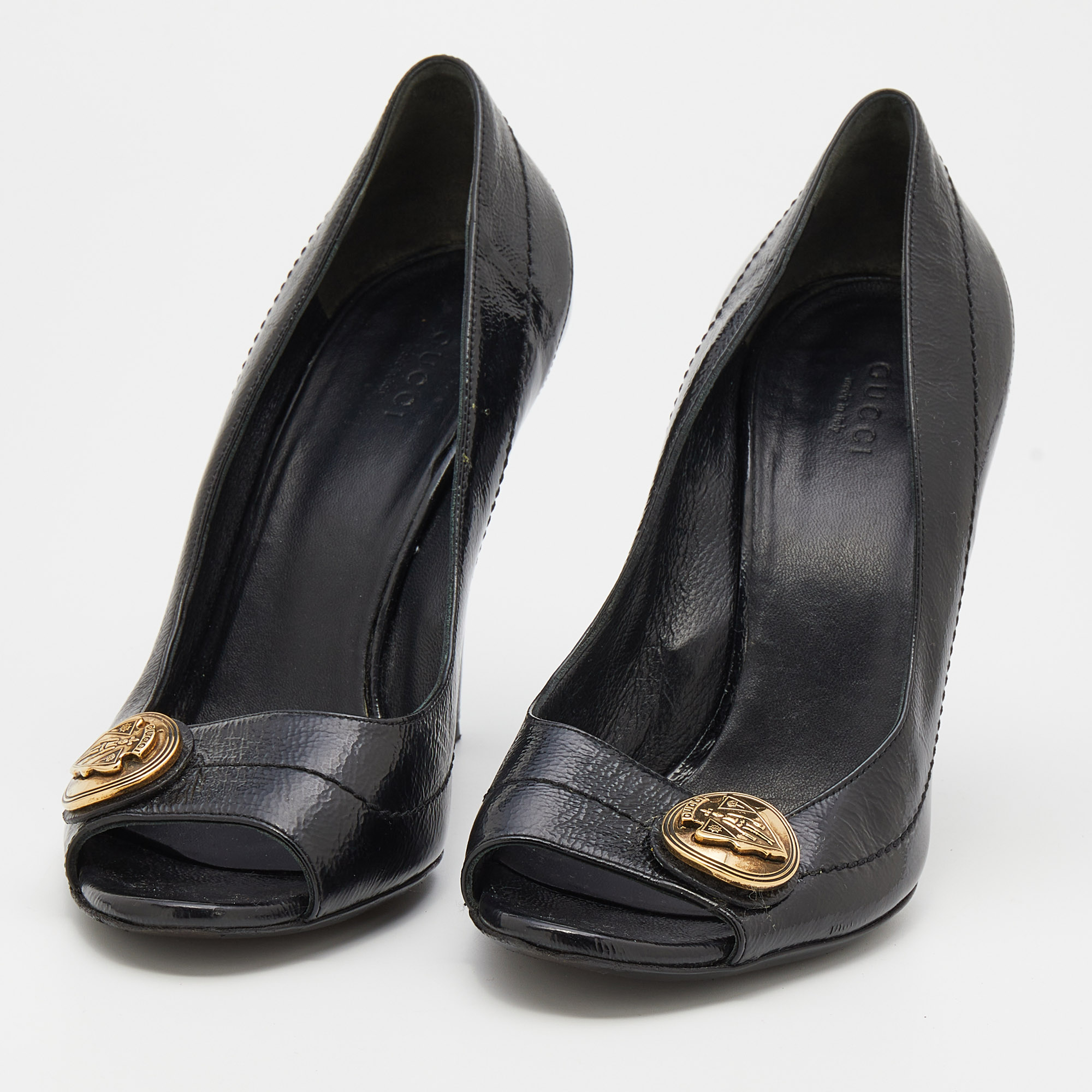 

Gucci Black Patent Leather Hysteria Open Toe Pumps Size