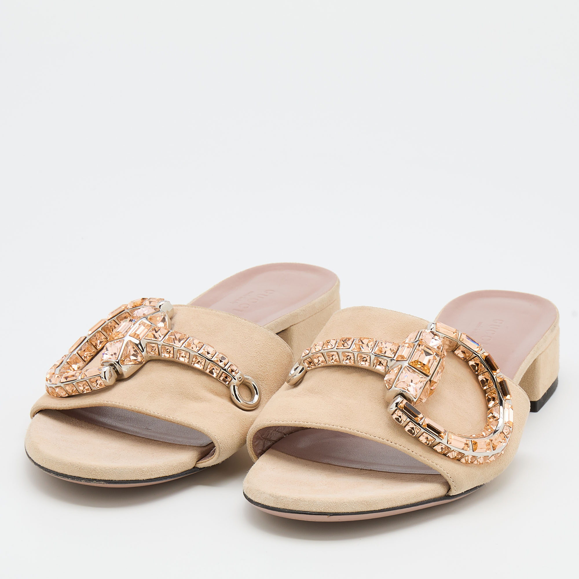 

Gucci Beige Suede Crystal Icon Bit Maxime Slide Sandals Size