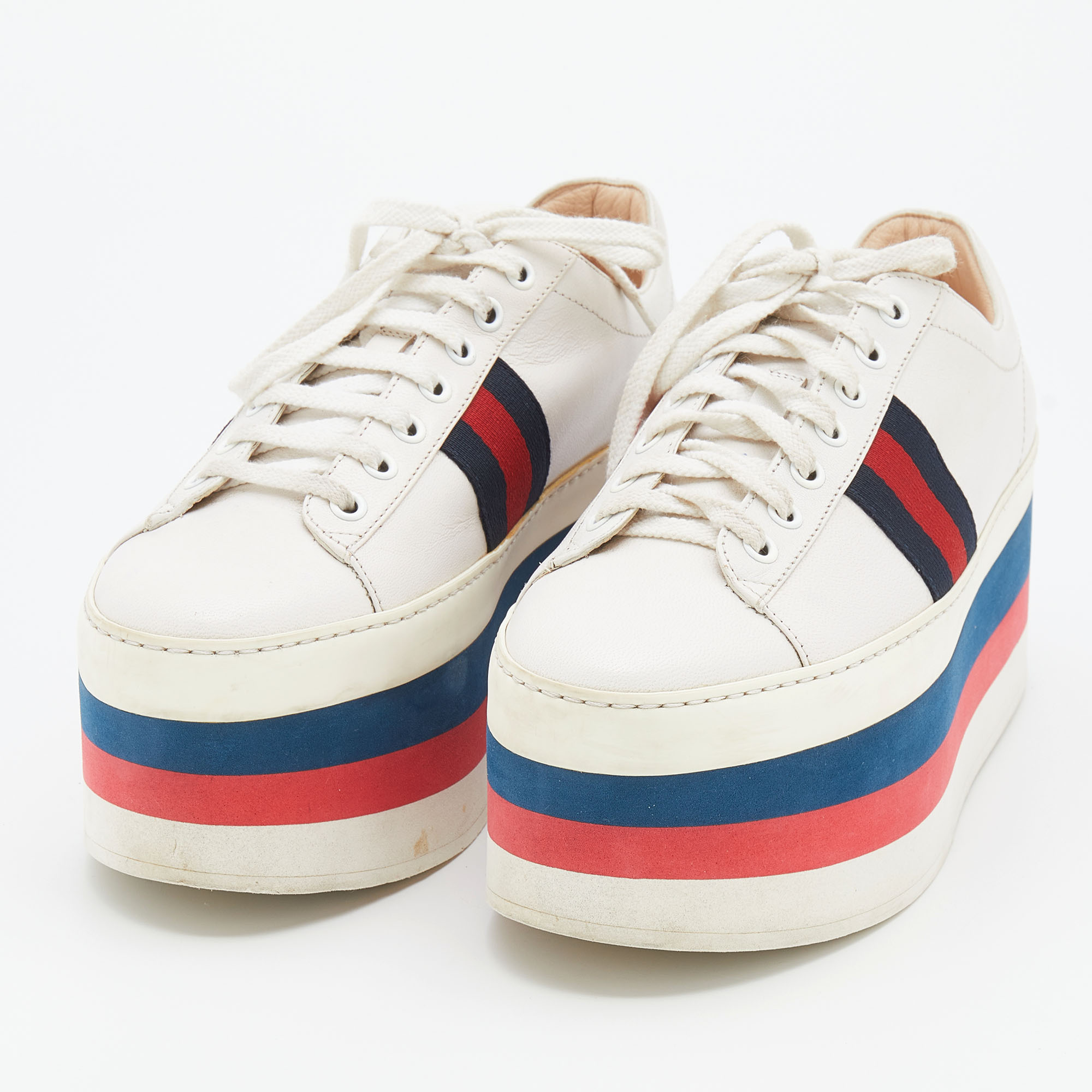 

Gucci White Leather Peggy Web Detail Platform Sneakers Size