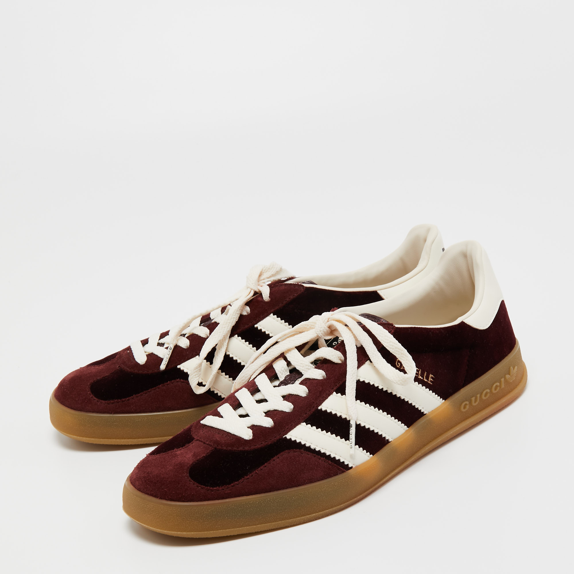 

Adidas x Gucci Burgundy Velvet And Suede Gazelle Sneakers Size