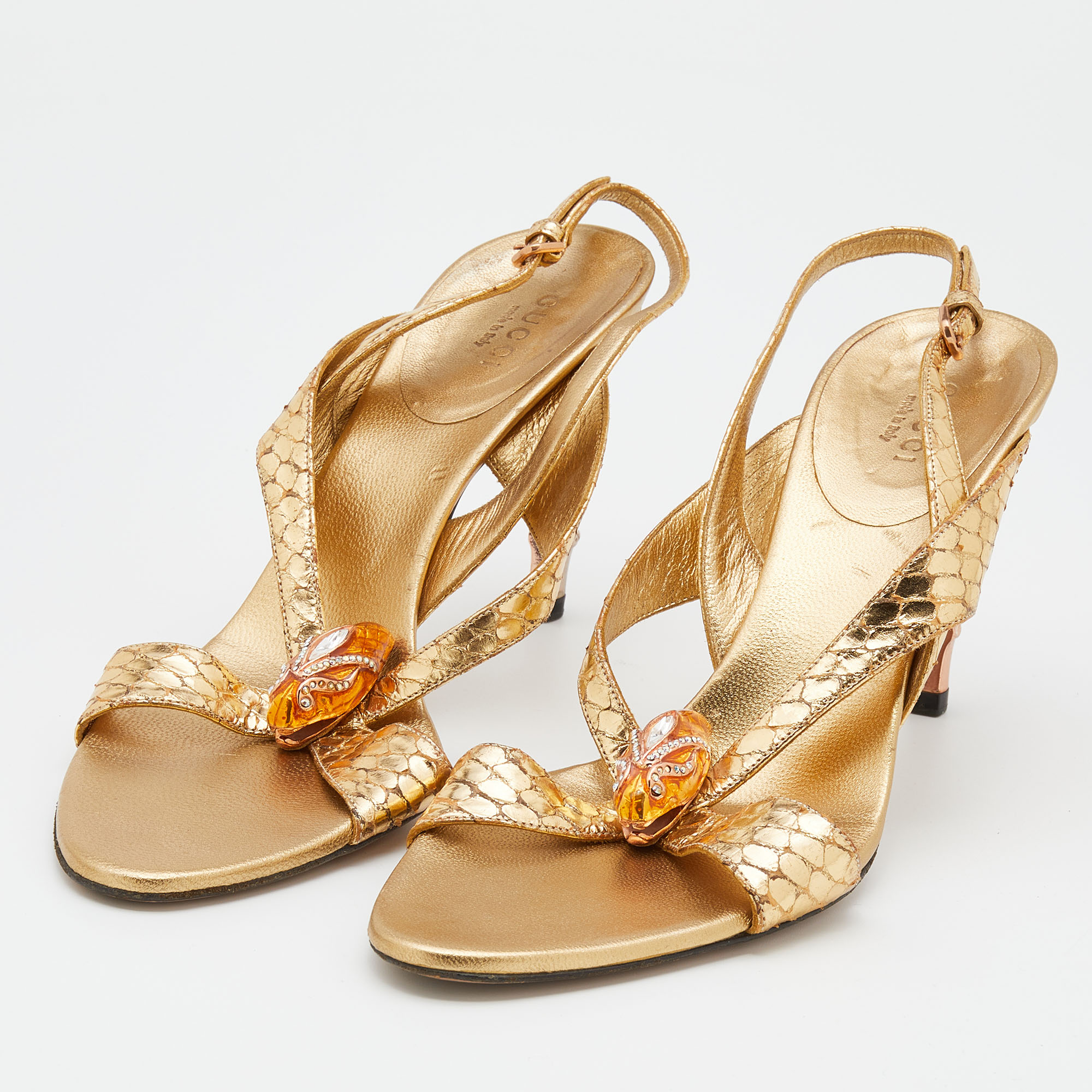 

Gucci Metallic Gold Snakeskin Leather Slingback Sandals Size