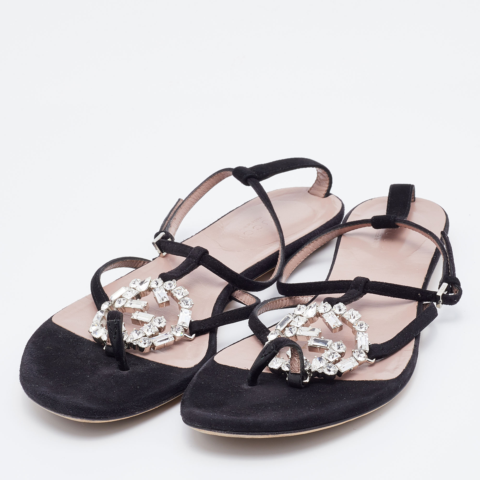 

Gucci Black Suede GG Interlocking Crystal Embellished Flat Sandals Size