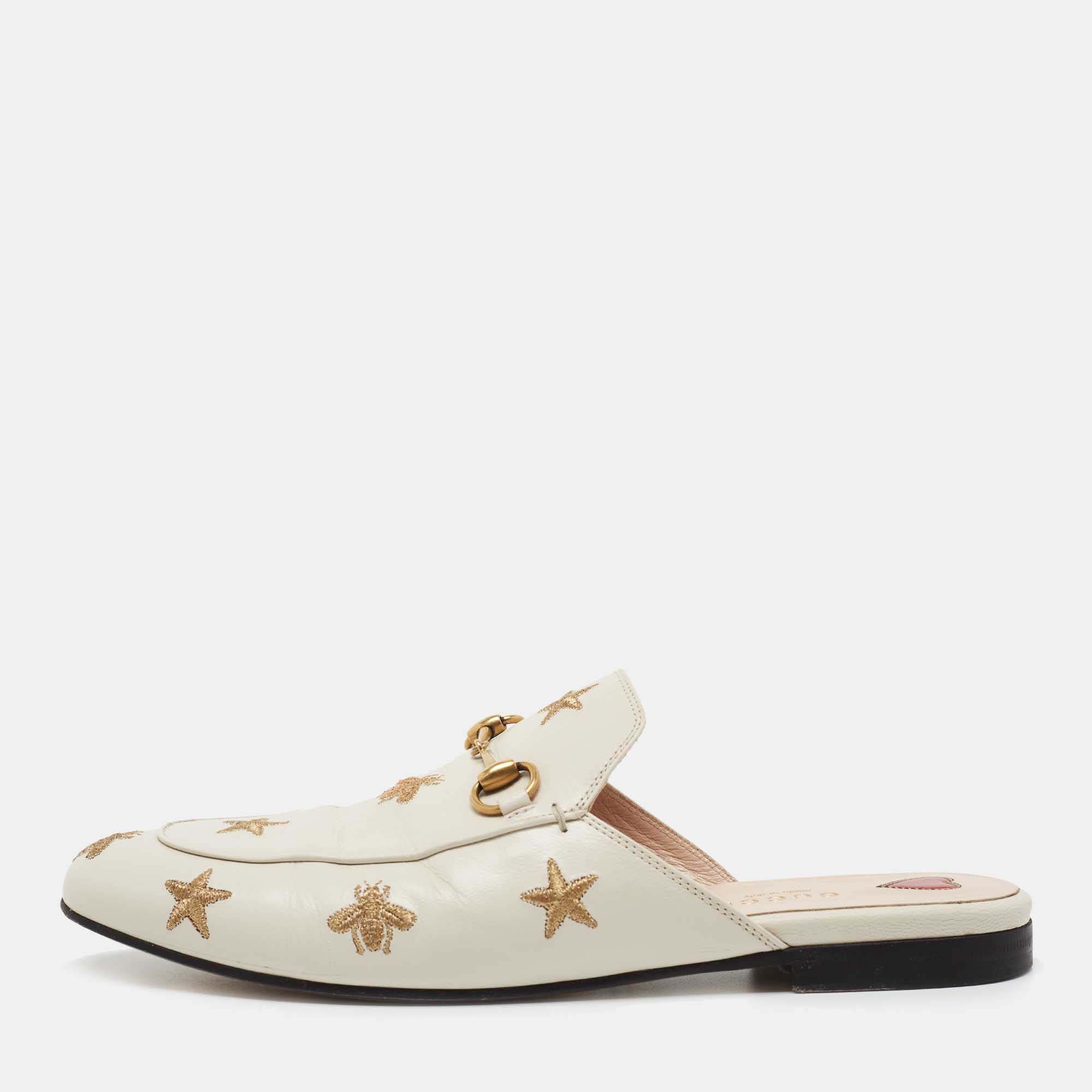 Pre Owned Gucci Off White/Gold Leather Bee Embroidered Princetown Horsebit Flat Mules Size 38.5