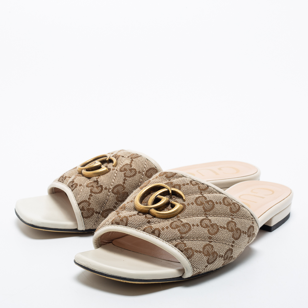 

Gucci Brown/Off White GG Canvas and Leather Double G Flat Slides Size