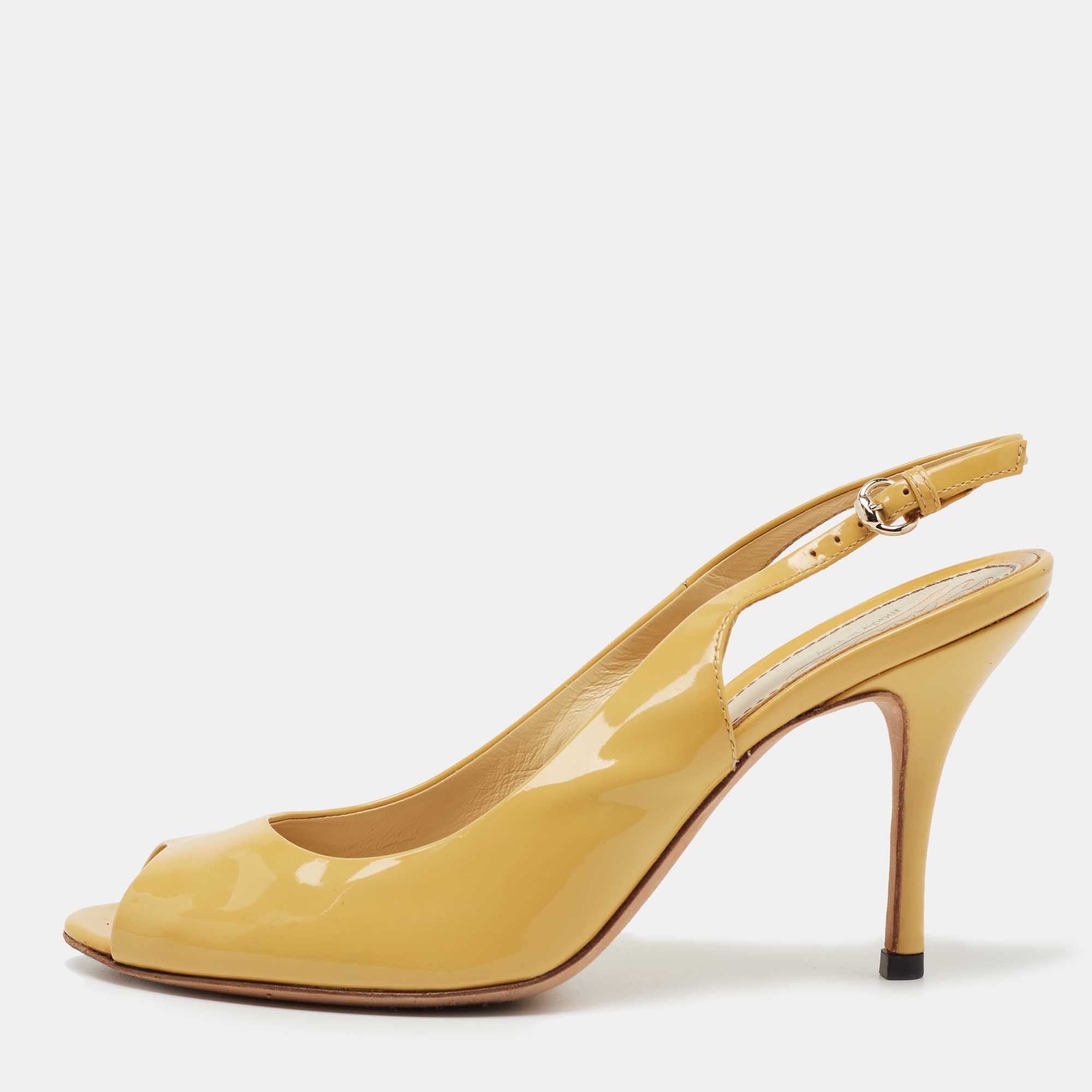 Pre-owned Gucci Yellow Patent Leather Peep Toe Slingback Pumps Size 36