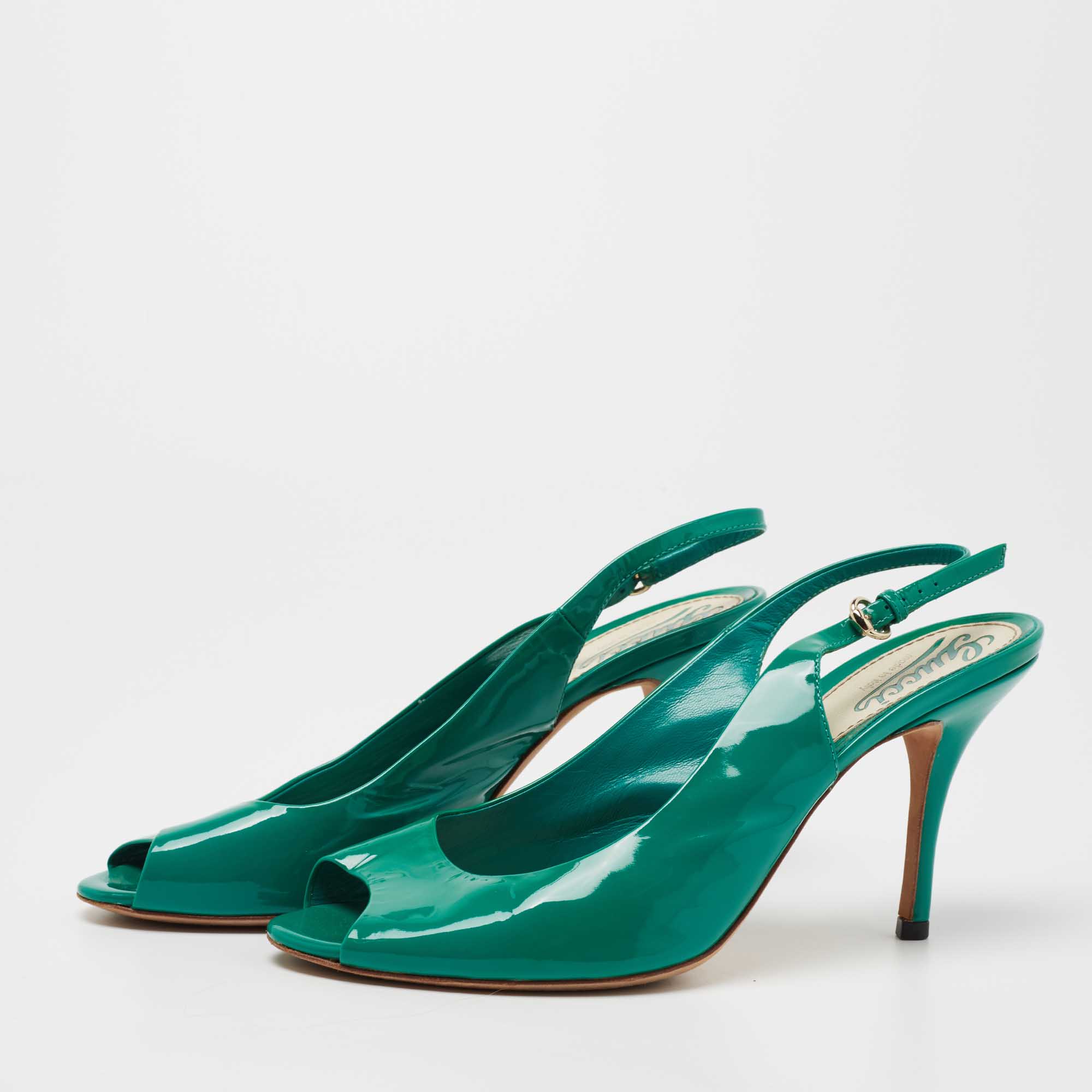 

Gucci Green Patent Leather Peep Toe Slingback Pumps Size