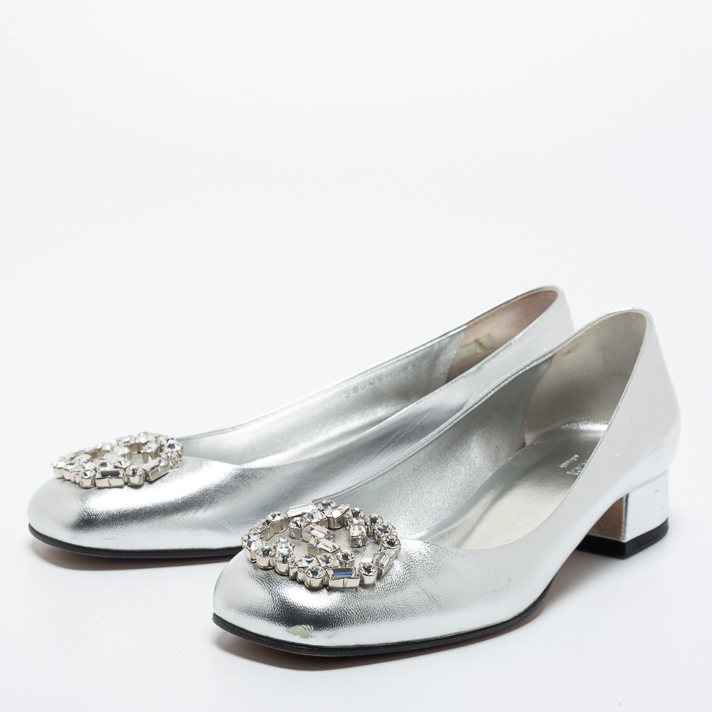 

Gucci Silver Leather Interlocking G Logo Embellished Ballet Flats Size