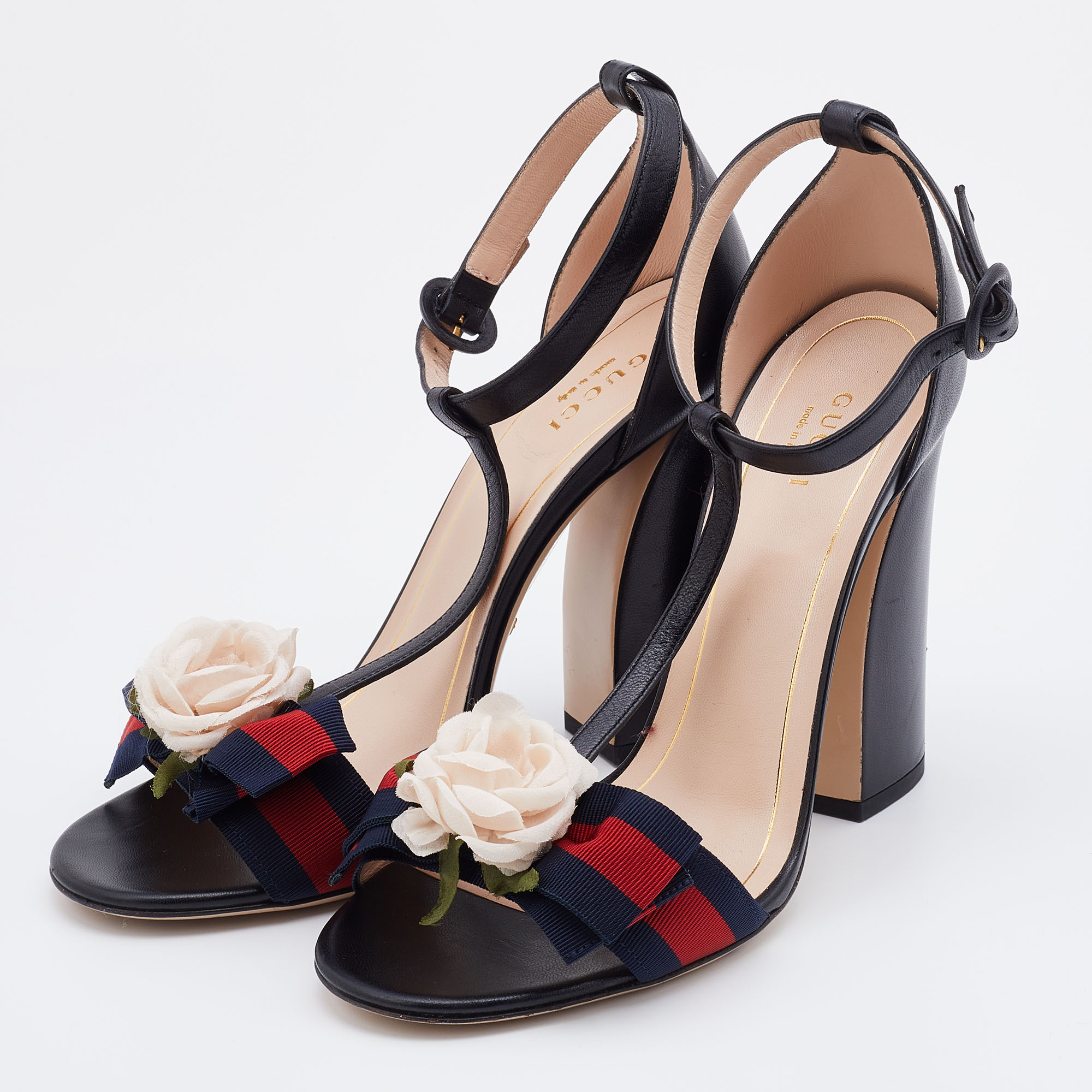 

Gucci Black Leather and Web Bow Flower Ankle Strap Sandals Size