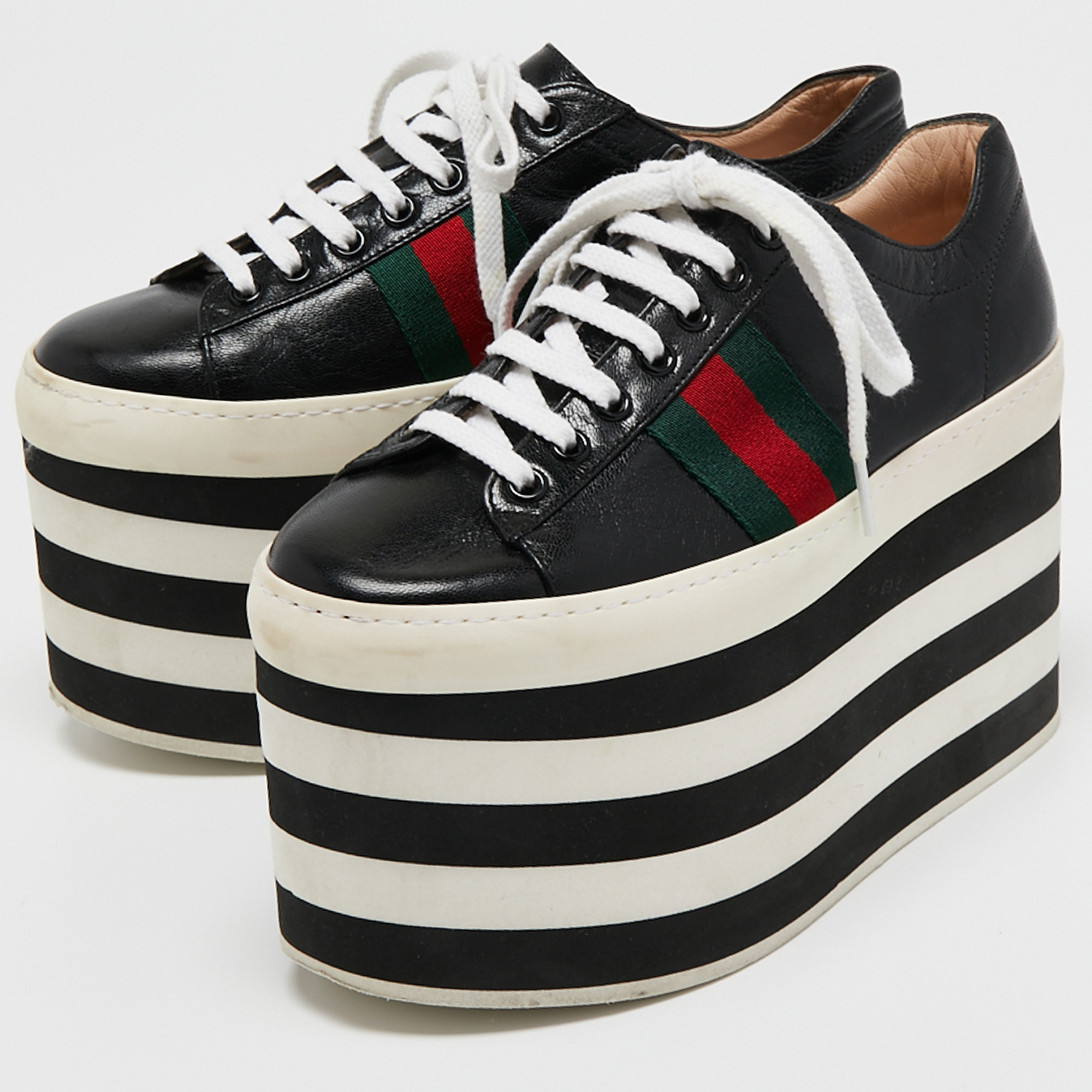 

Gucci Black Leather Peggy Web Detail Platform Sneakers Size, Blue