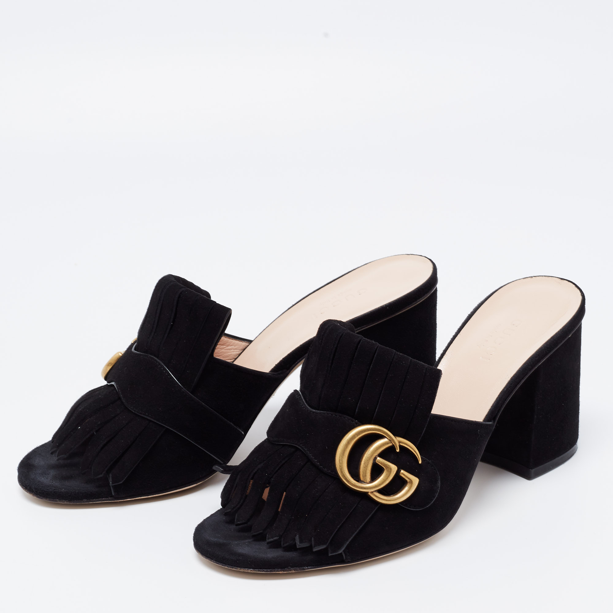 

Gucci Black Suede GG Marmont Fringe Mules Size