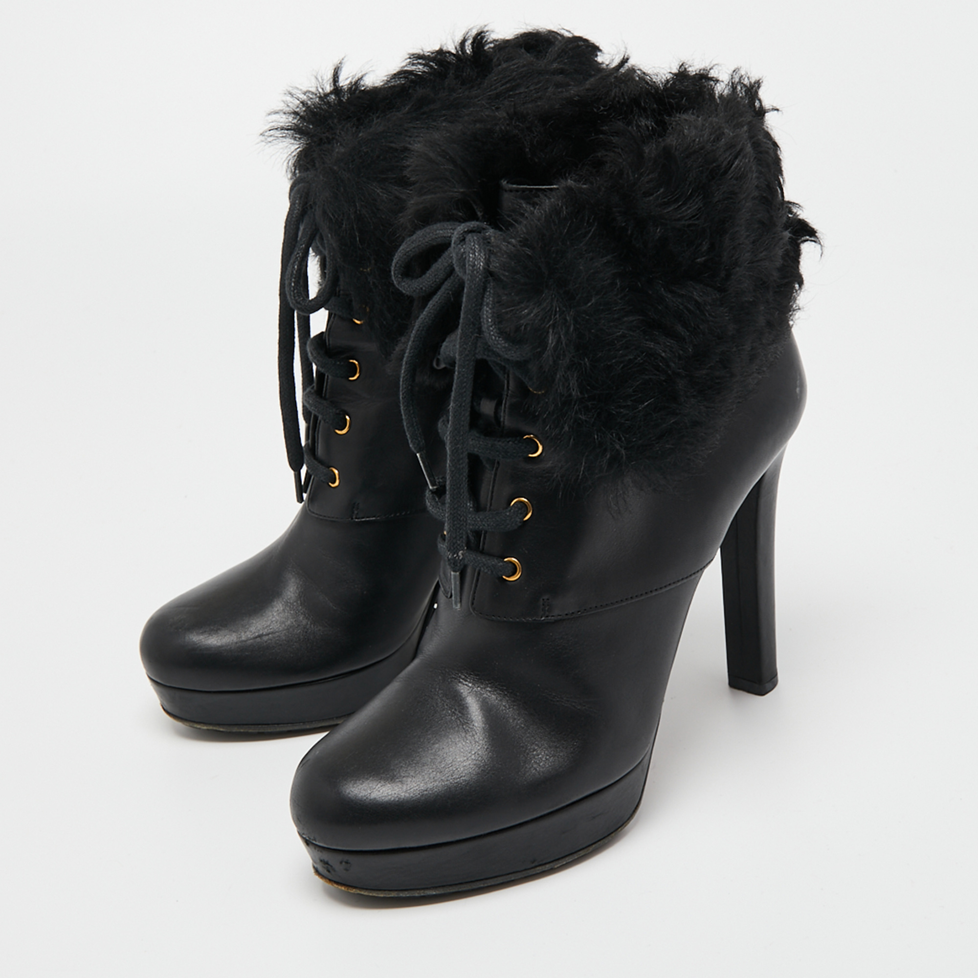 

Gucci Black Leather and Fur Lace Up Platform Ankle Boots Size