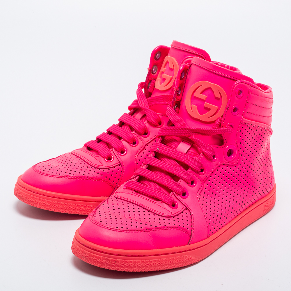 

Gucci Pink Perforated Leather Coda High Top Sneakers Size