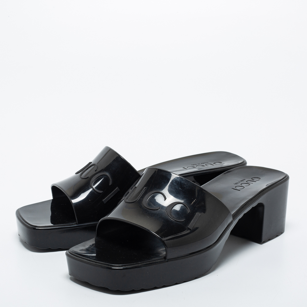 

Gucci Black Logo Rubber Slide Block Heel Sandals Size