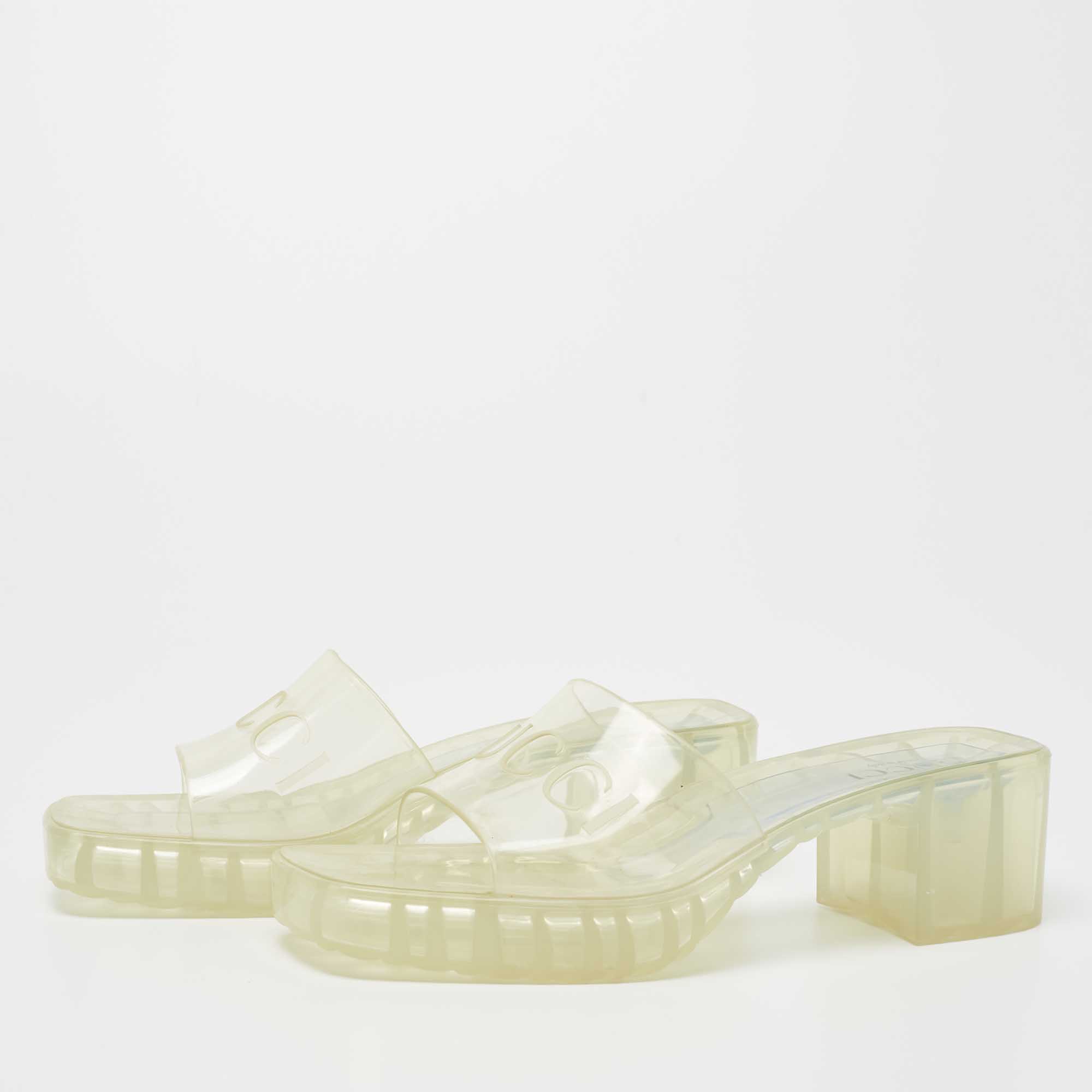 

Gucci Transparent Rubber Block Heel Slides Size