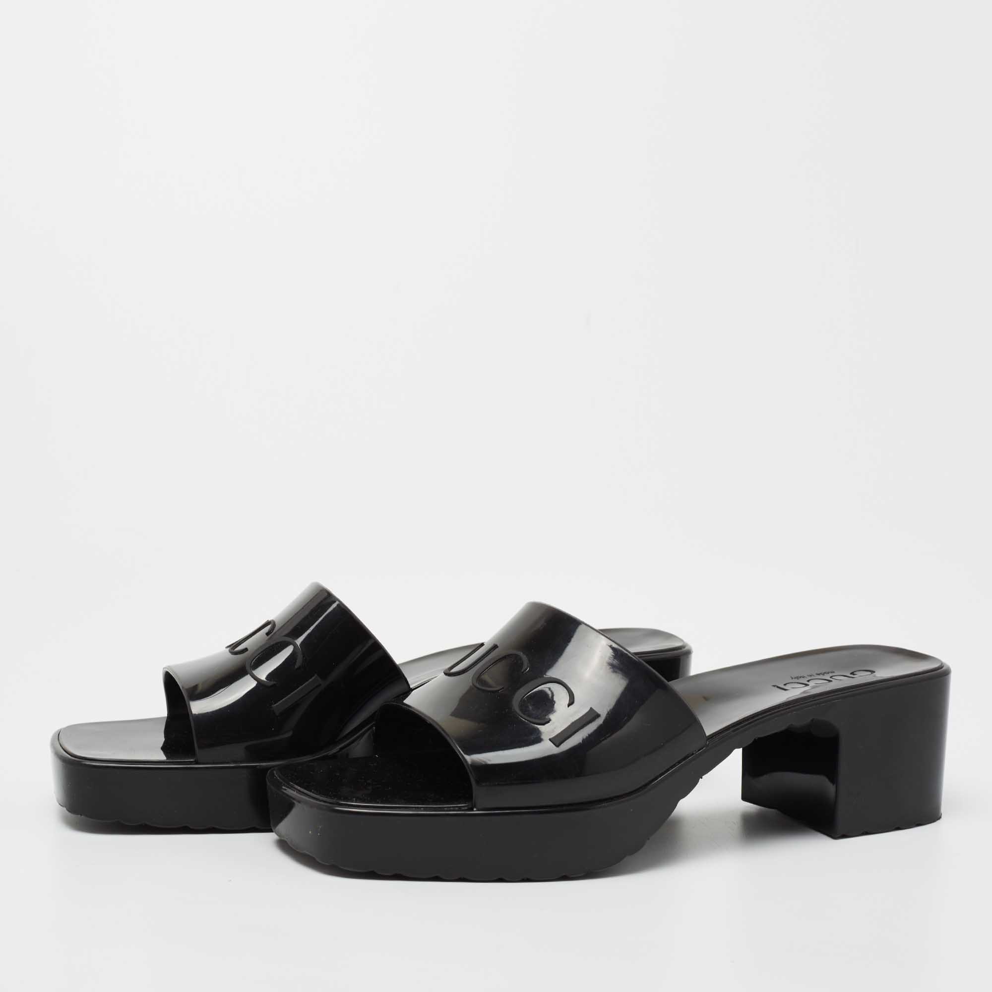 

Gucci Black Rubber Block Heel Slide Sandals Size