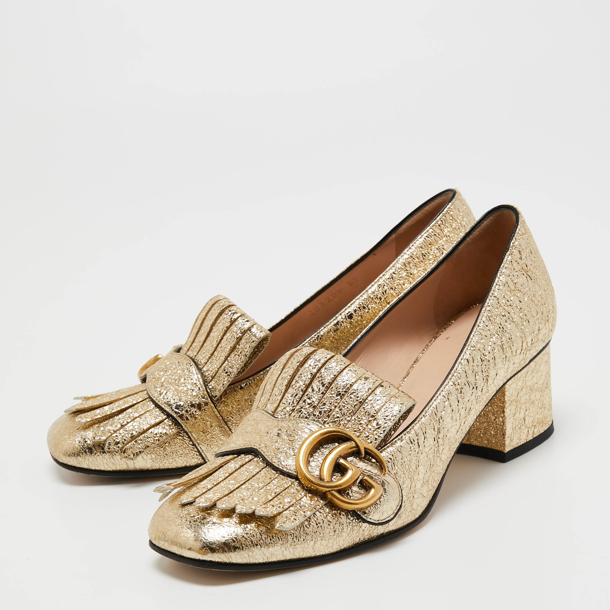 

Gucci Gold Crinkle Leather GG Marmont Pumps Size, Metallic