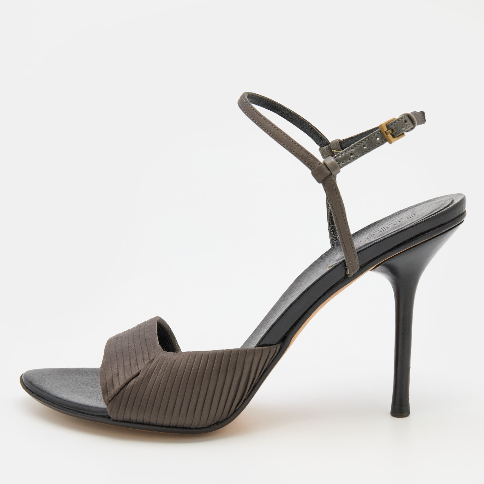

Gucci Dark Grey Pleated Satin Ankle Strap Sandals Size