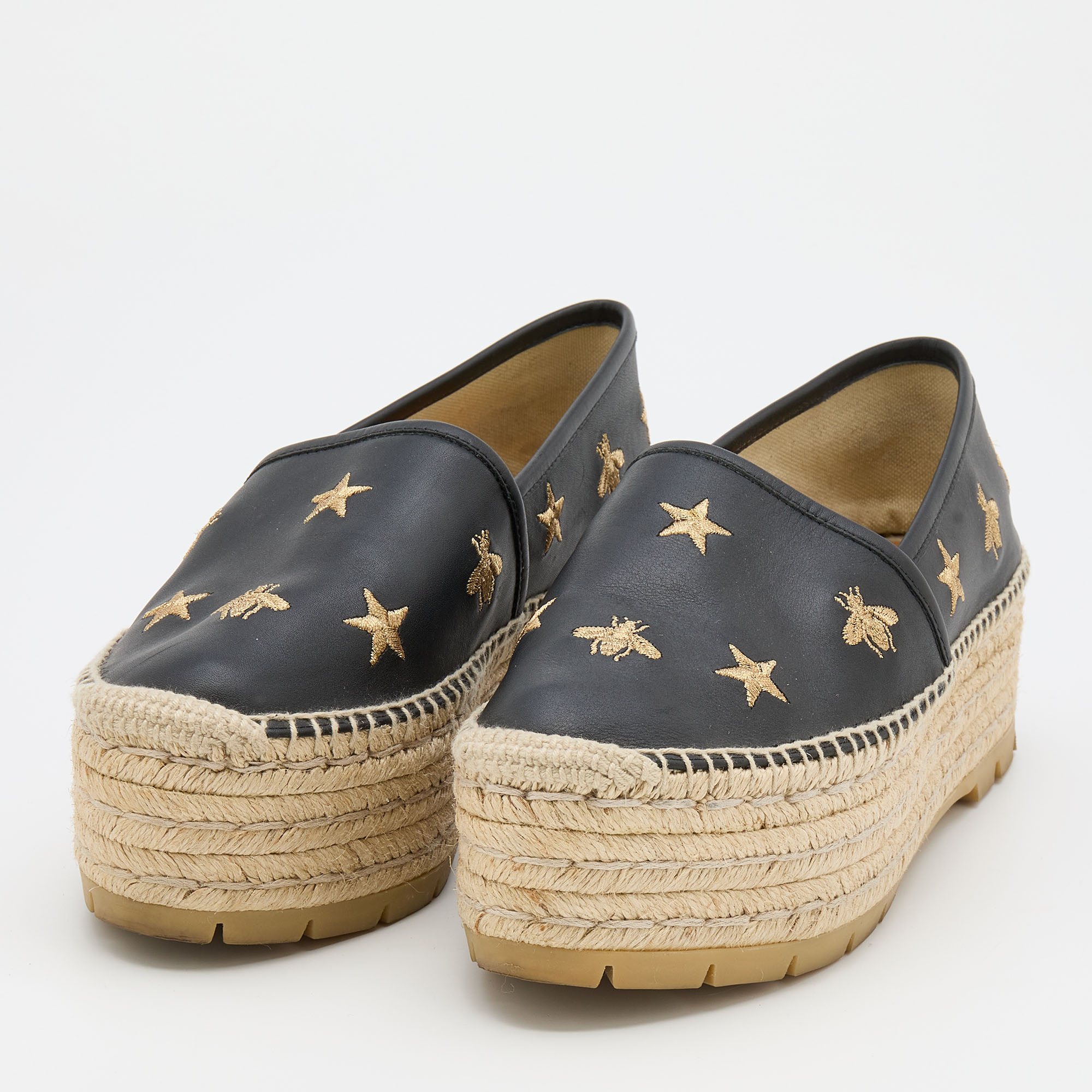 

Gucci Black Leather Bee and Star Embroidered Platform Espadrilles Size