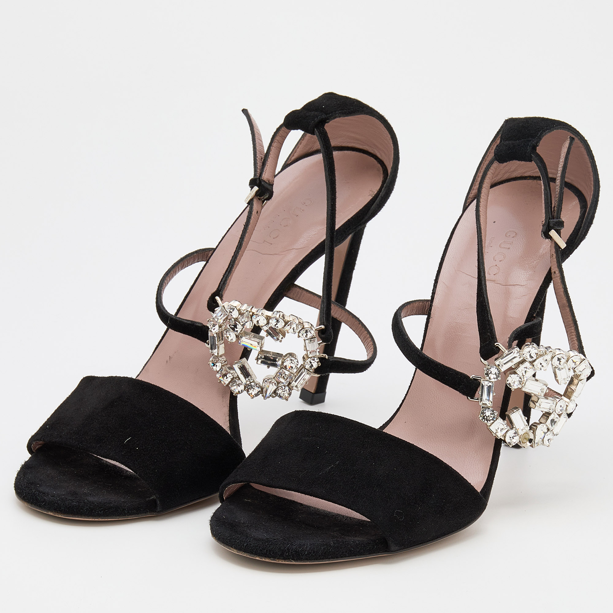 

Gucci Black Suede Crystal Embellished GG Interlock Ankle Strap Sandals Size