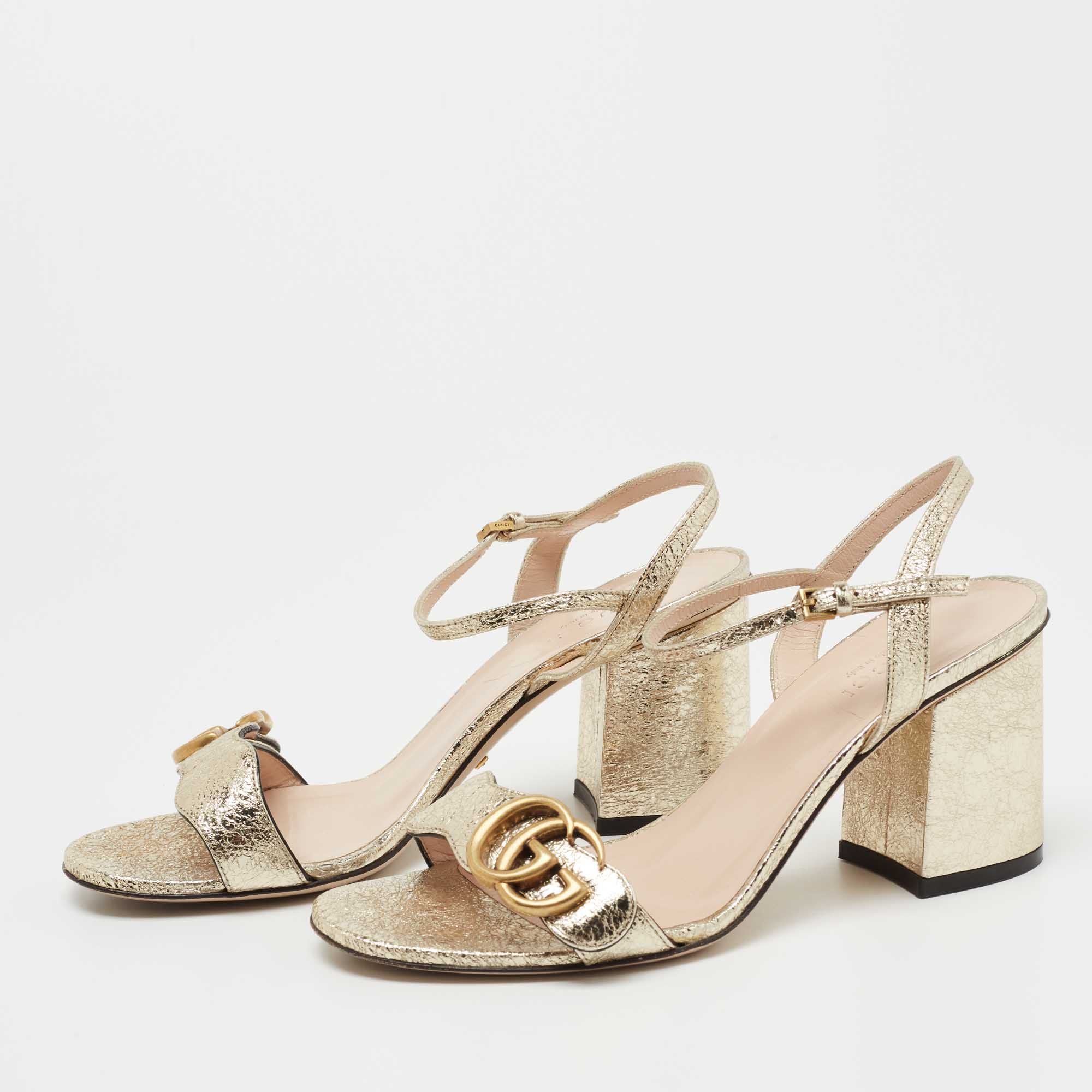 

Gucci Metallic Gold Leather GG Marmont Ankle Strap Sandals Size