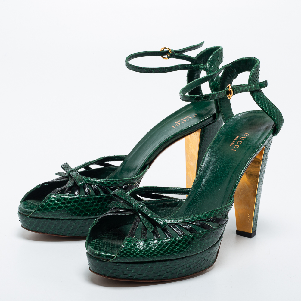 

Gucci Green Python Leather Ankle Strap Platform Sandals Size