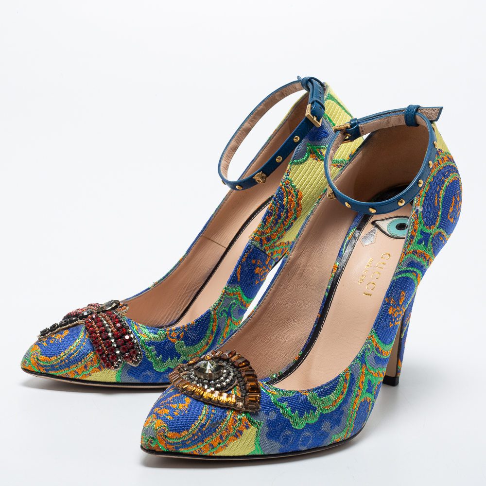 

Gucci Multicolor Brocade Fabric and Studded Leather Crystal Embellished Ankle Strap Pumps Size