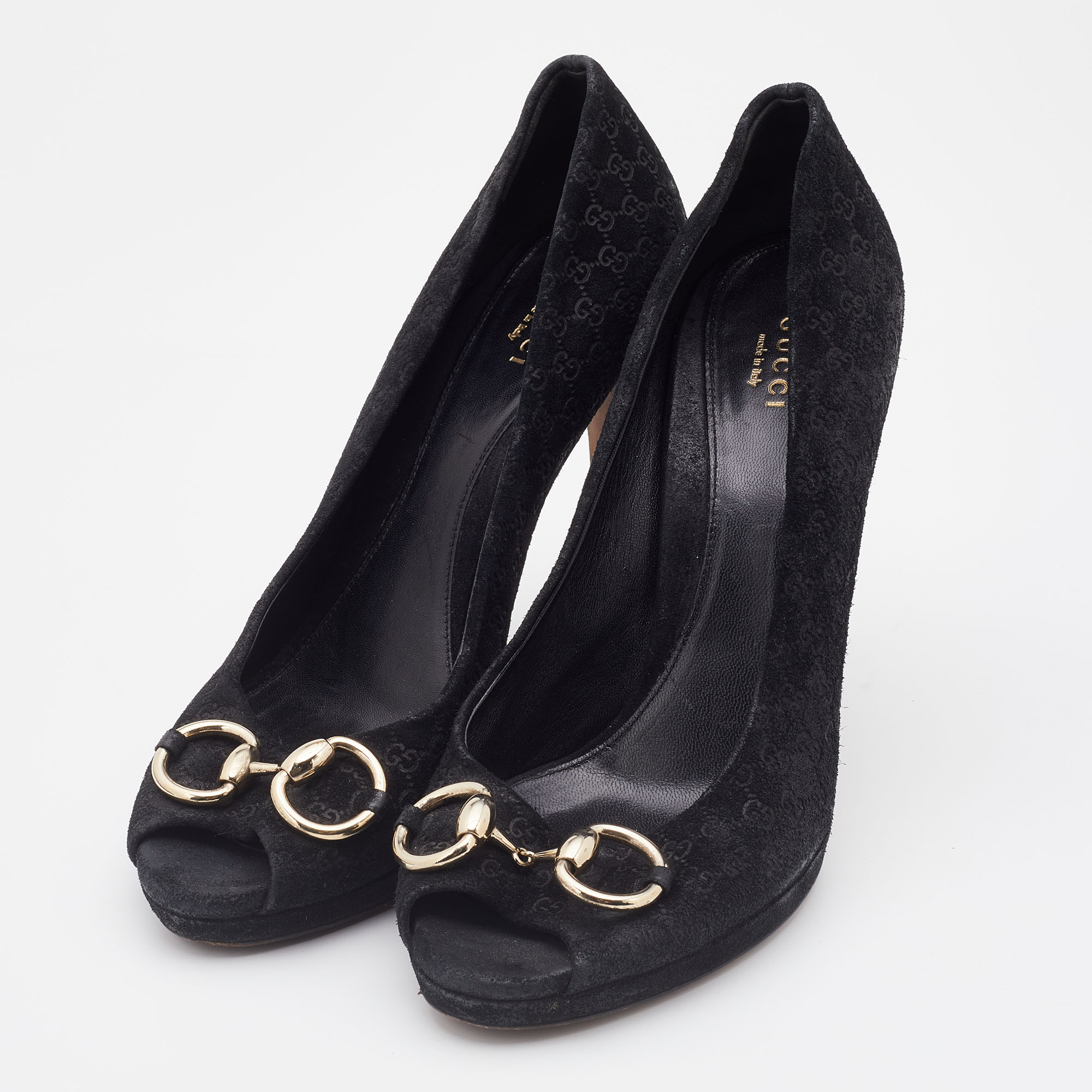 

Gucci Black Microguccissima Suede Horsebit Peep Toe Pumps Size