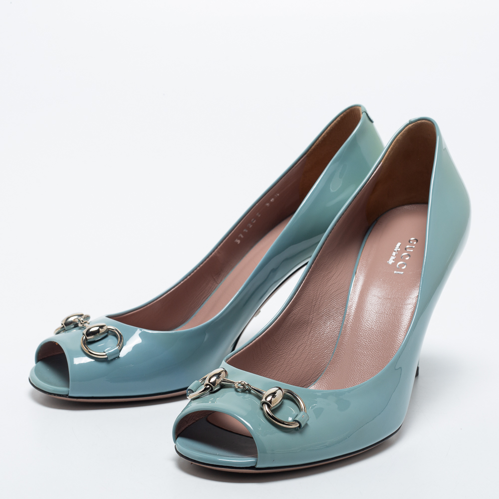 

Gucci Light Blue Patent Leather Horsebit Peep Toe Pumps Size