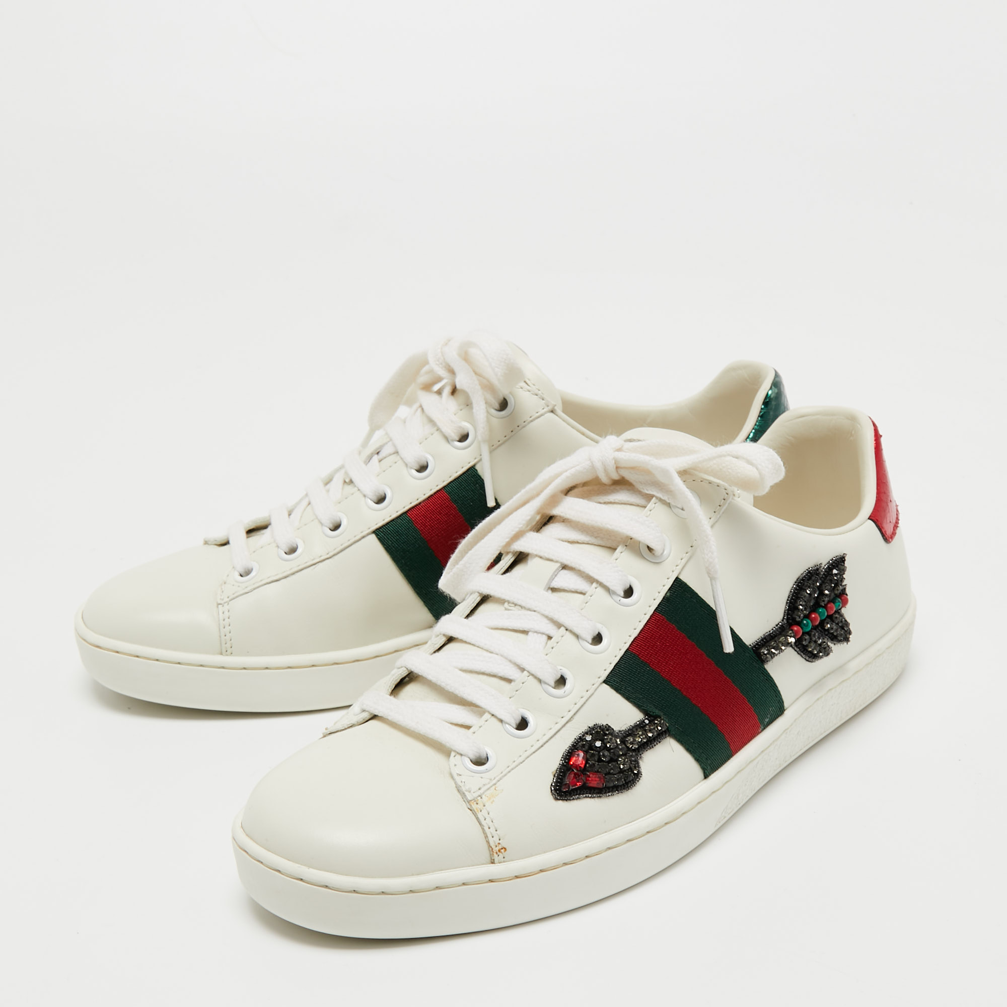 

Gucci White Leather Crystal Embellished Arrow Ace Sneakers Size