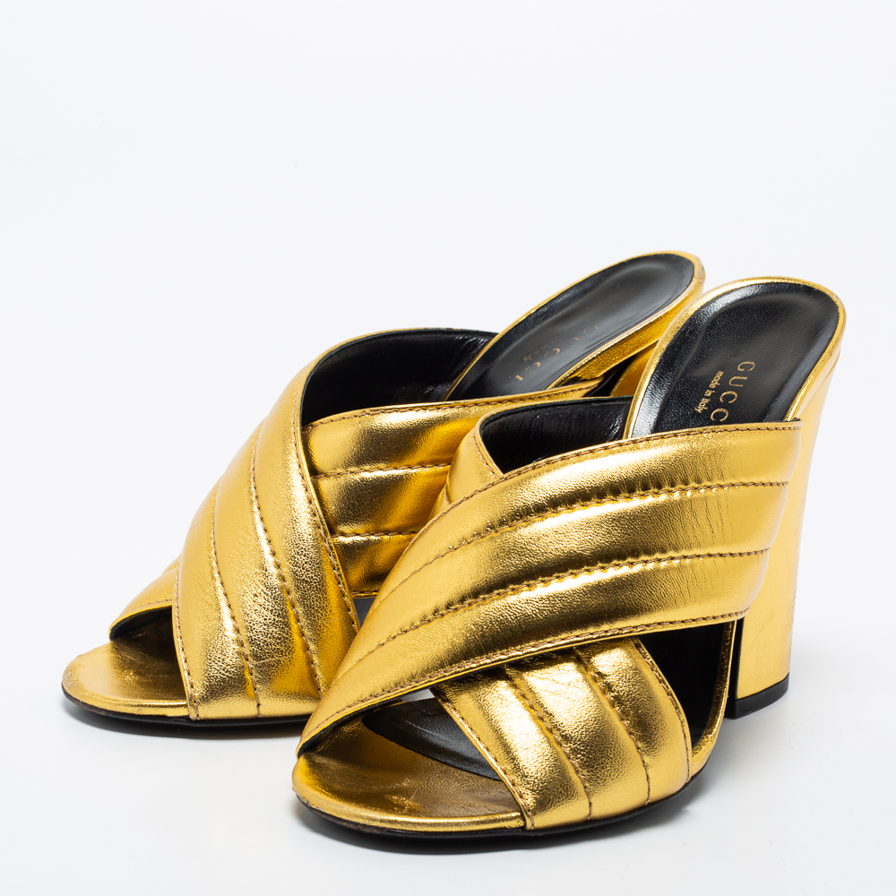 

Gucci Gold Quilted Leather Webby Mules Size