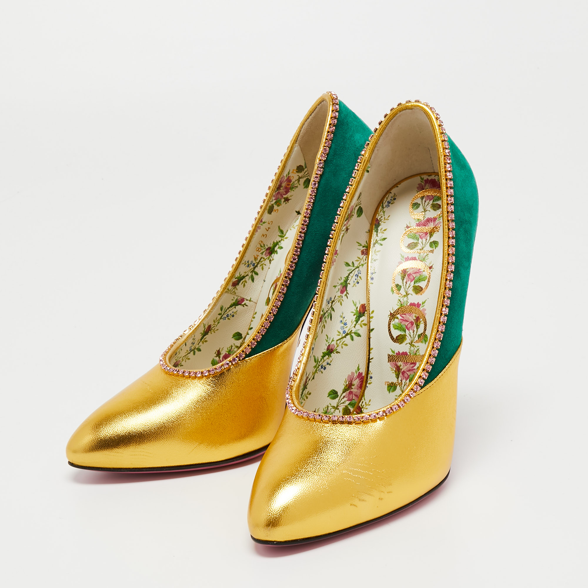 

Gucci Yellow/Green Suede and Leather Crystal Embellishments Pumps Size