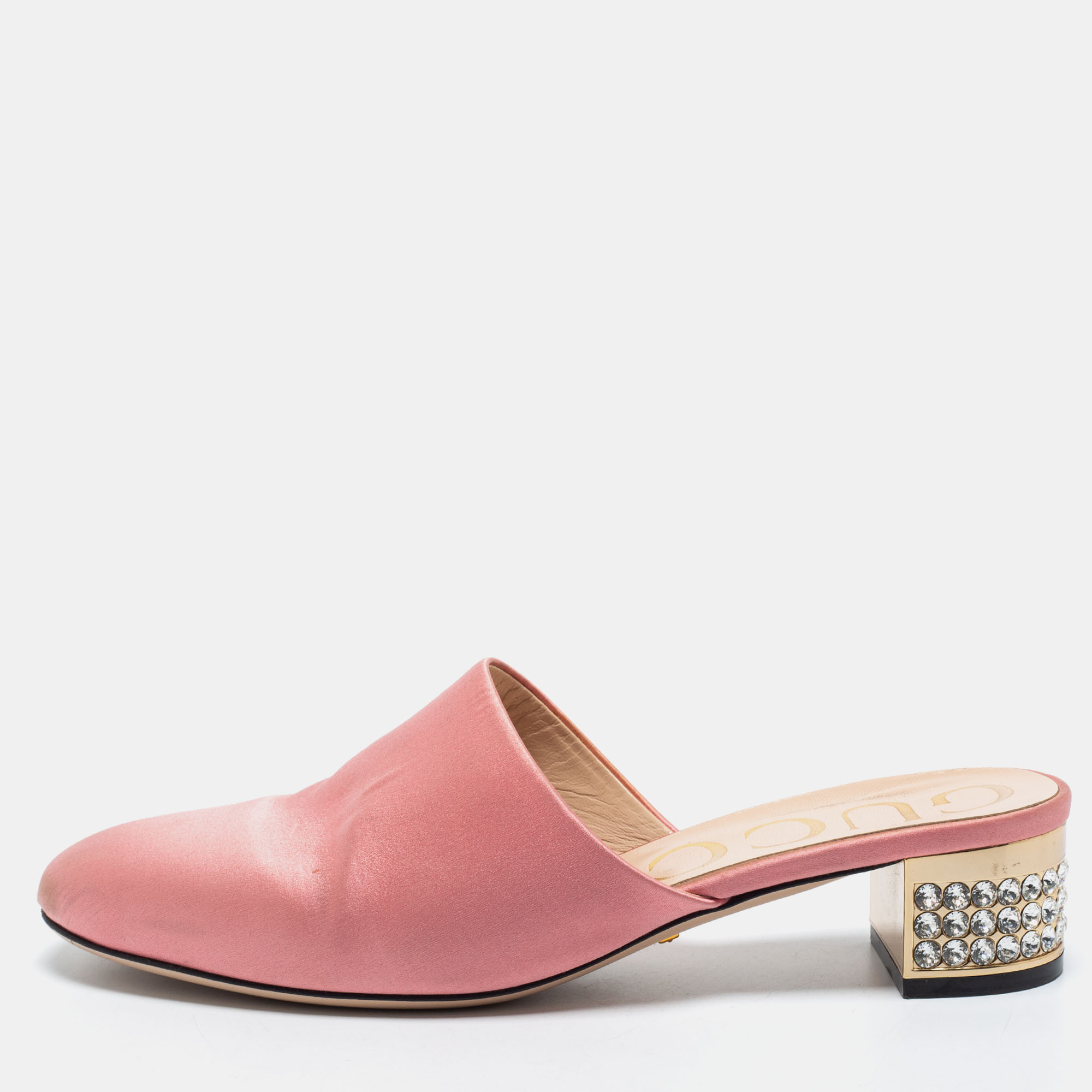 

Gucci Pink Satin Crystal Embellished Bow Mules Size