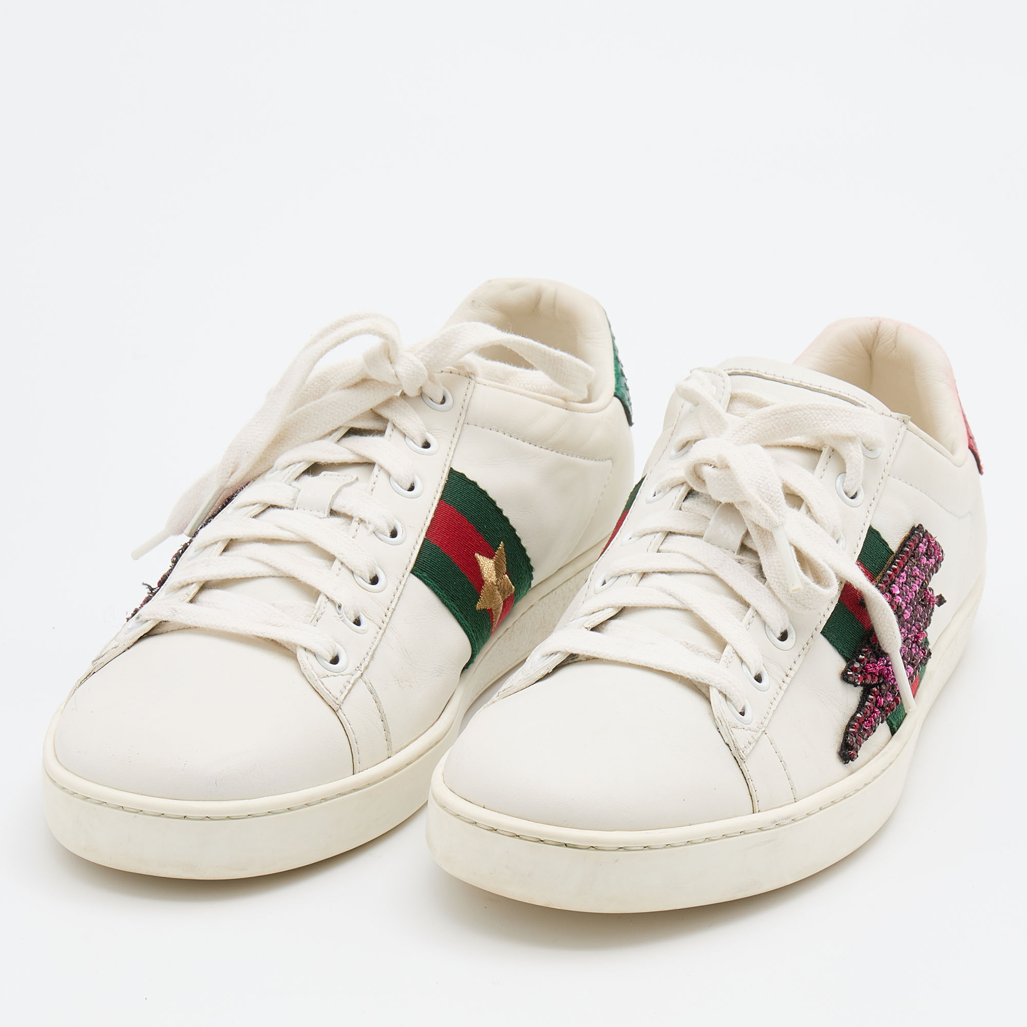 

Gucci White Leather Ace Web Detail Lighting Bolt Embroidered Low Top Sneakers Size
