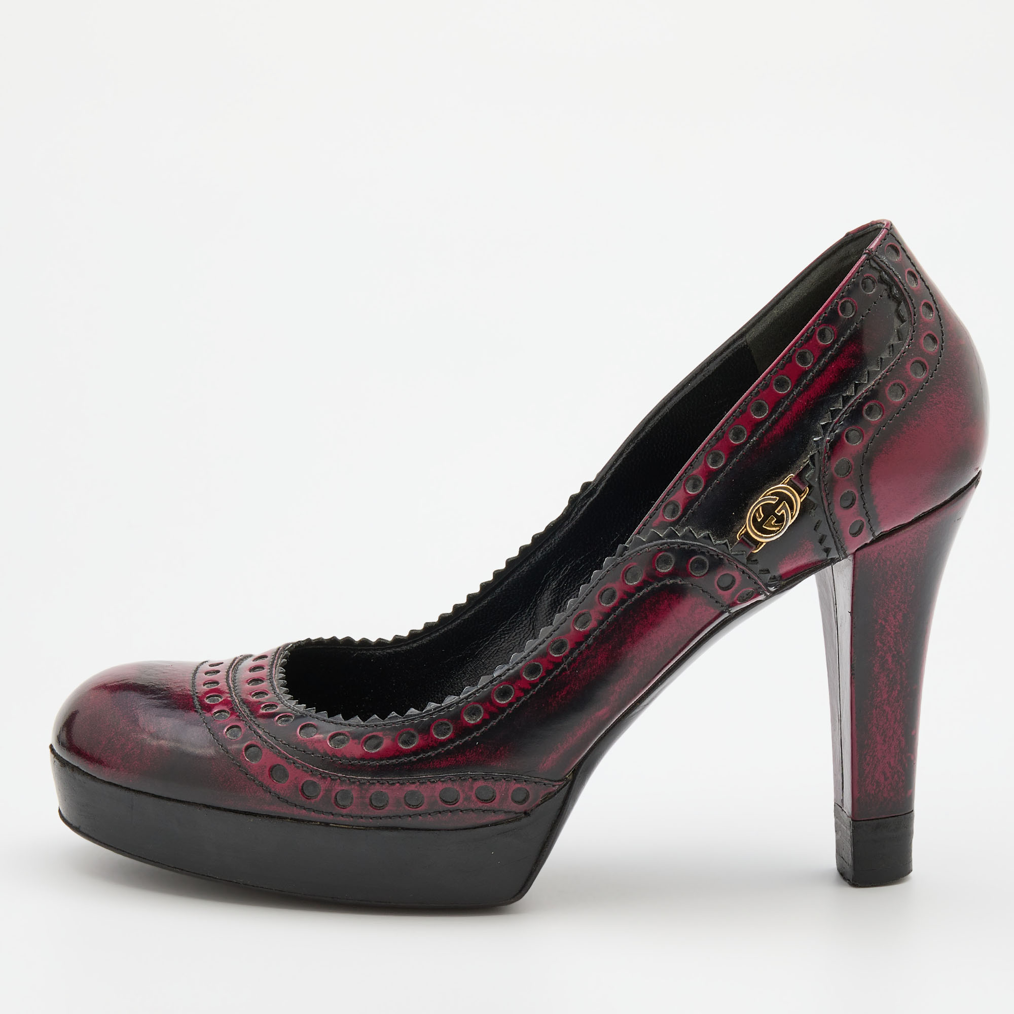 Pre-owned Gucci Black/red Two-tone Brogue Leather Platform Pumps Size 40.5