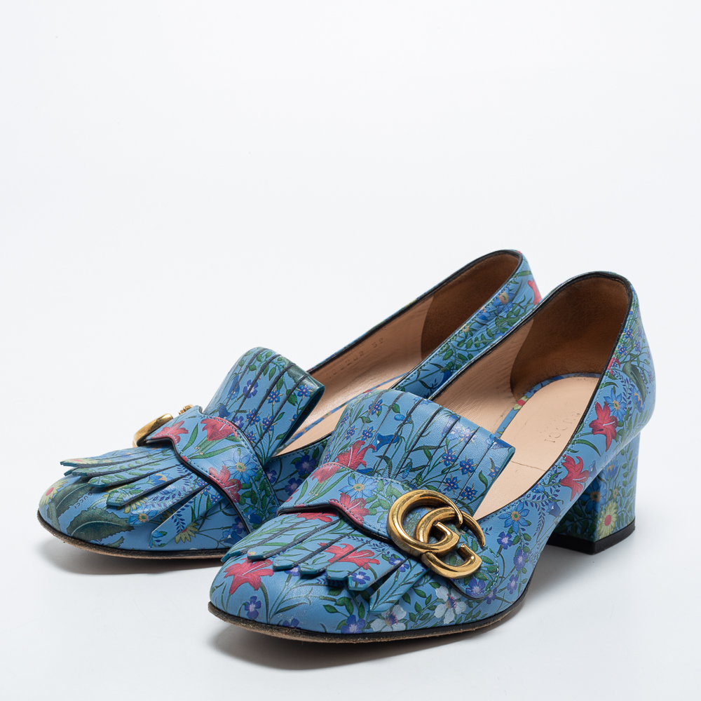 

Gucci Blue Floral Leather GG Marmont Fringe Block Heel Pumps Size